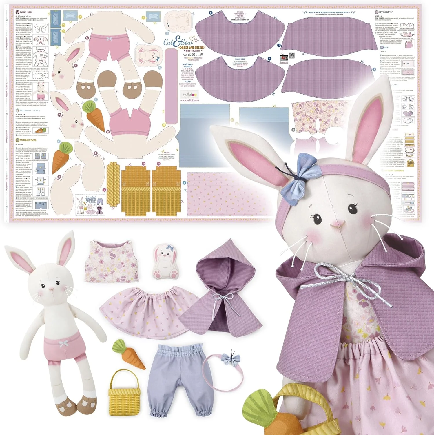 پنل خیاطی عروسک برای مهارت های متوسط ​​- با آموزش های ویدئویی - پنل پارچه ای برش و دوخت عروسک با لباس: Dress Me Bestie Bibby Bunny