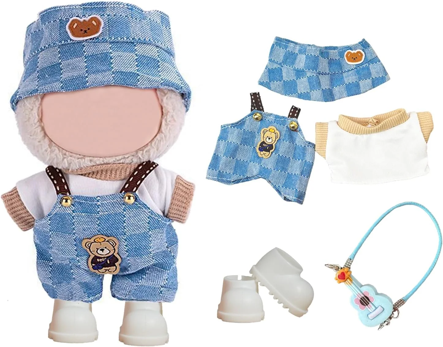 ست لباس عروسک 5 تکه برای عروسک های پولیشی 17 سانتی متری، شامل یک تاپ سفید، یک شلوار آبی و یک کلاه، یک جفت کفش و یک گیتار آبی (عروسک شامل نمی شود)