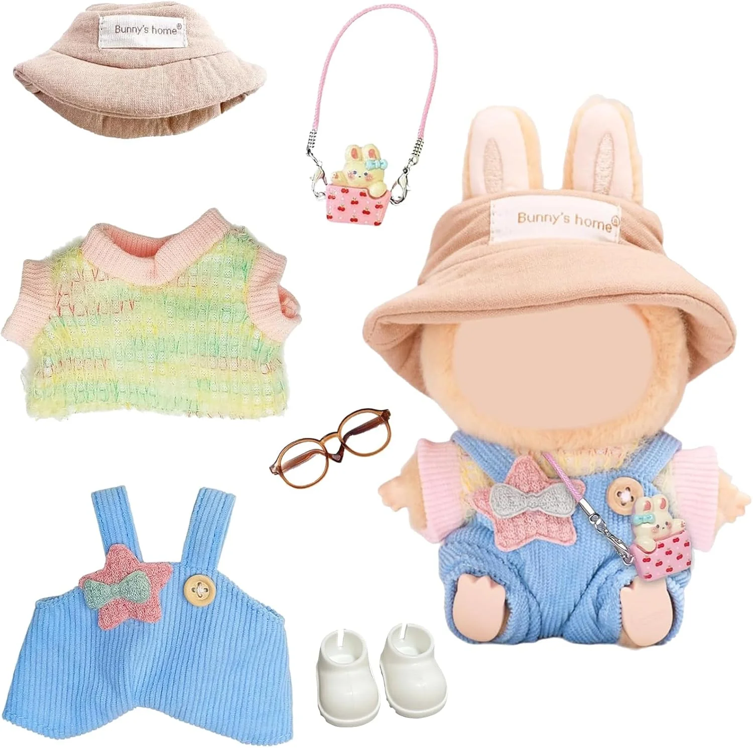 ست لباس 6 تکه عروسک برای عروسک های پولیشی مینی لابوبو 17 سانتی متری - پیراهن آستین کوتاه رنگارنگ، سرهمی، کلاه ستاره پنج پر، عینک، آویز خرگوش و کفش - هدیه برای دختران و پسران