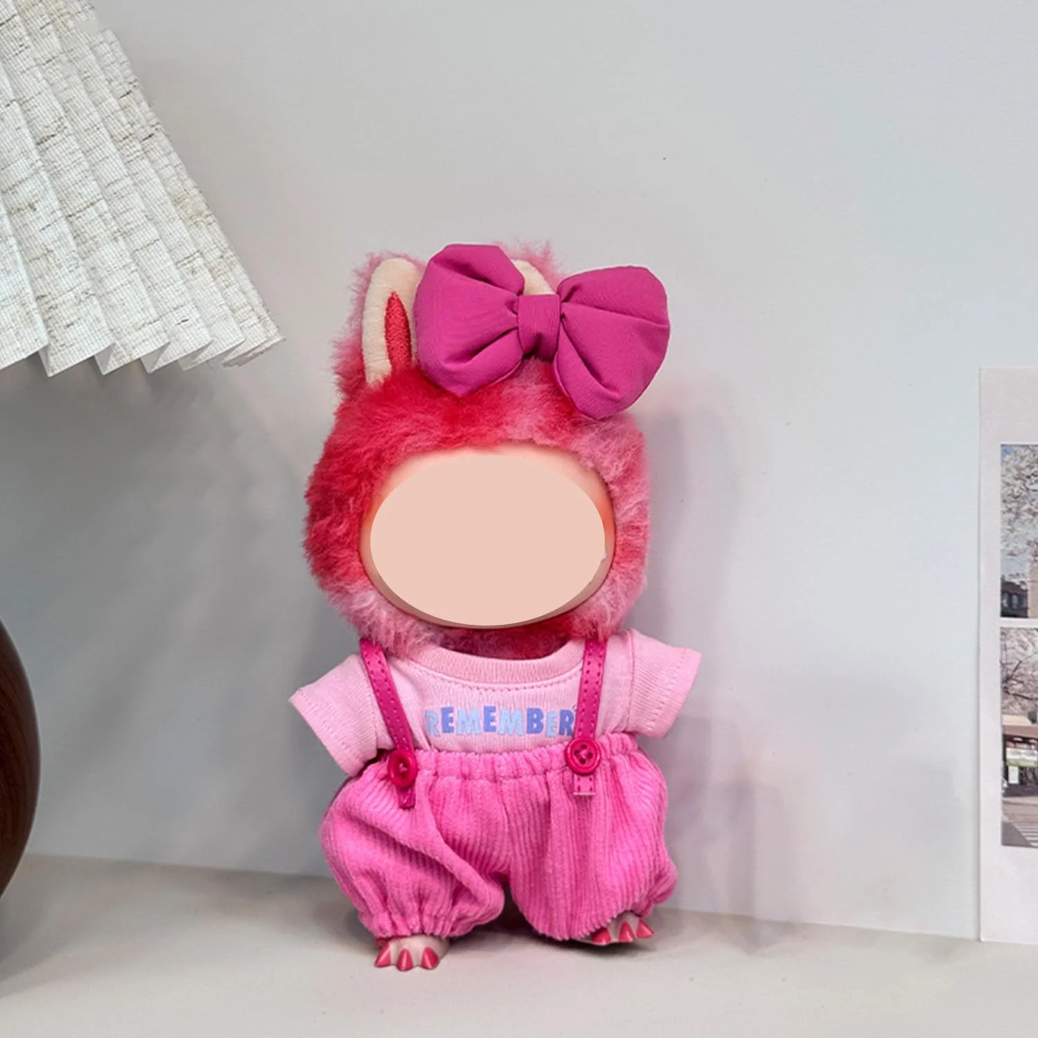 لباس عروسک 17 سانتی متری، تی شرت صورتی و لباس سرهمی با اکسسوری موی پاپیونی، لباس های مد روز و با کیفیت برای عروسک ها