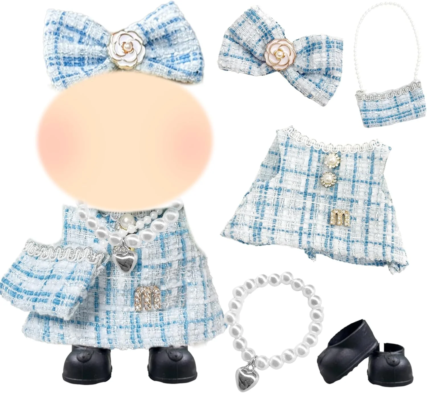 لباس عروسک آبی مناسب عروسک های 17 سانتی متری، ست لوازم جانبی لباس عروسک شیک و کلاسیک با طرح چهارخانه شامل لباس، گیره مو، کیف، کفش و گردنبند، هدیه تولد برای دختران، بدون عروسک