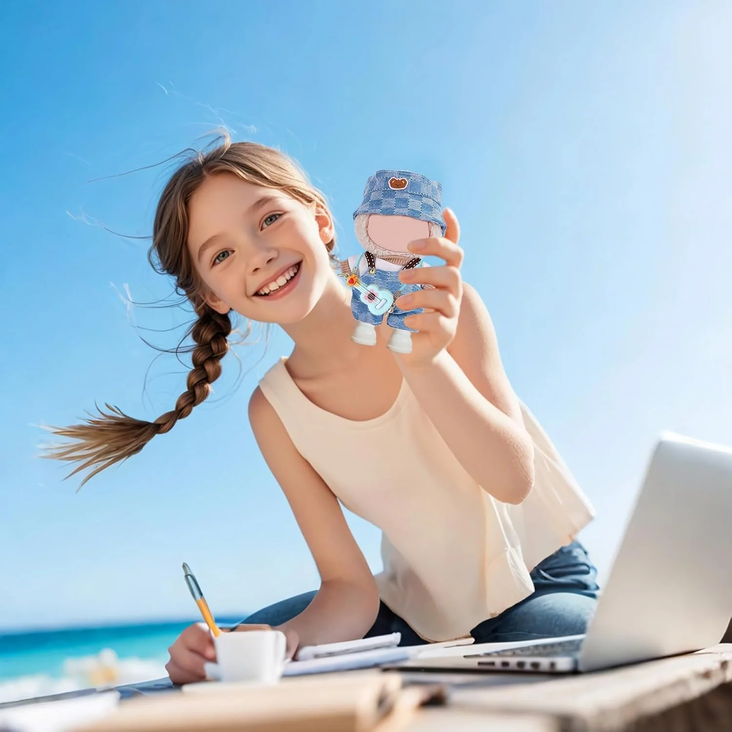 ست لباس عروسک 5 تکه برای عروسک های پولیشی 17 سانتی متری، شامل یک تاپ سفید، یک شلوار آبی و یک کلاه، یک جفت کفش و یک گیتار آبی (عروسک شامل نمی شود) ست لباس عروسک 5 تکه برای عروسک های پولیشی 17 سانتی متری، شامل یک تاپ سفید، یک شلوار آبی و یک کلاه، یک جفت کفش و یک گیتار آبی (عروسک شامل نمی شود)