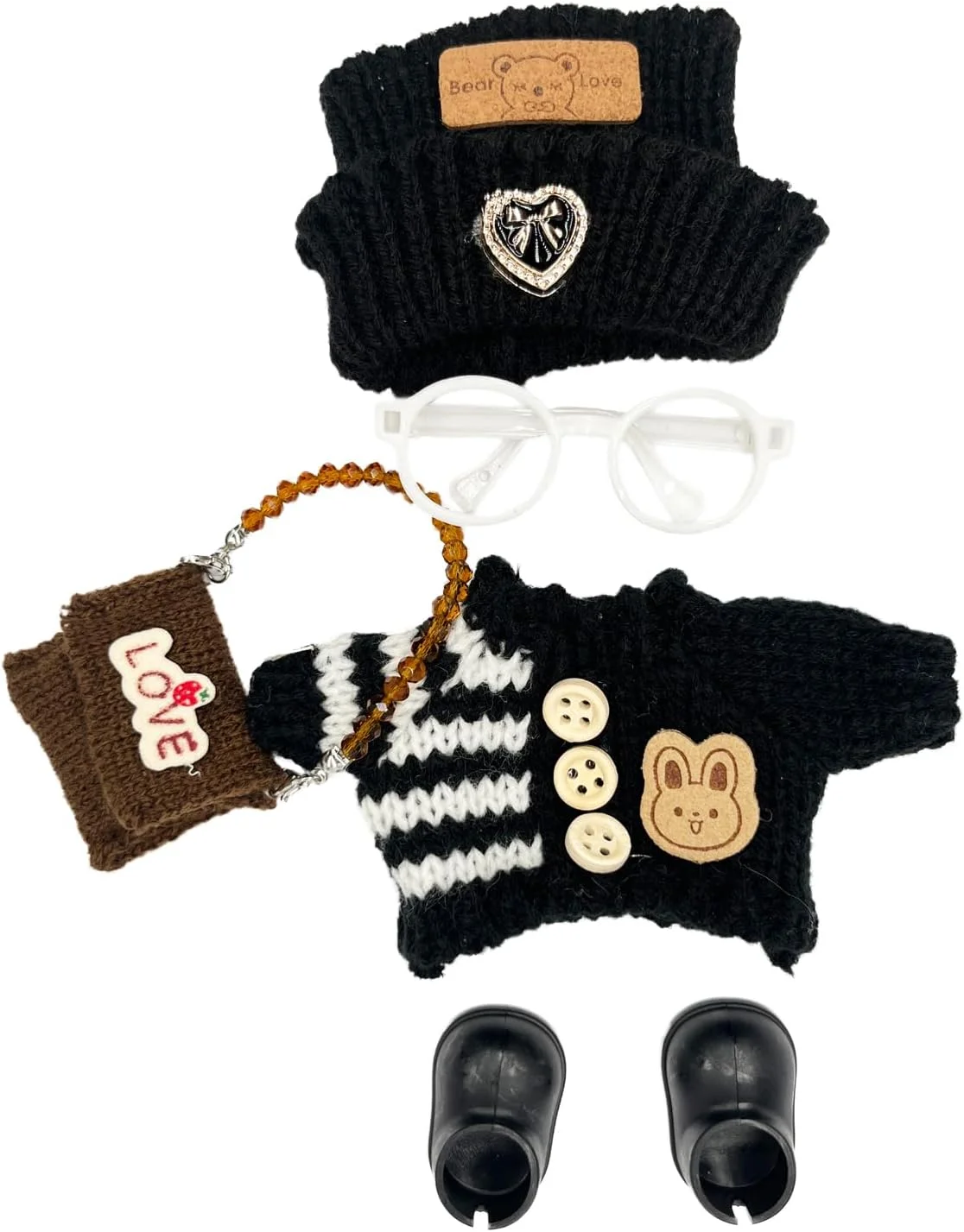 ست فشن ONRRI برای عروسک 17 سانتی متری - پلیور بافتنی با طرح خرگوش، کلاه بافتنی، عینک، کیف دوشی و کفش
