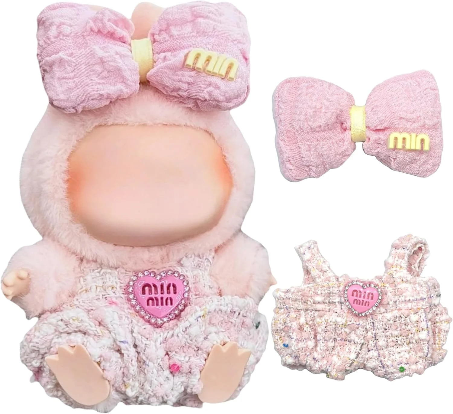 ست لباس عروسک 17 سانتی متری (بدون عروسک) - هدبند پاپیونی صورتی 2 تکه و رامپر توییت قلبی، لوازم جانبی لوکس شیک کاوایی، لباس دست ساز ممتاز برای عروسک های کلکسیونی LBB 17 سانتی متری