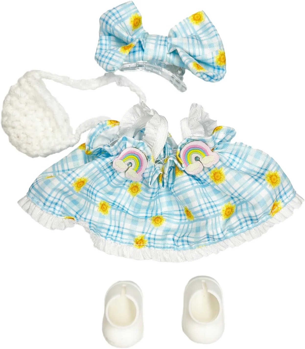 ست لباس عروسک 17 سانتی متری ONRRI طرح گلدار آبی چهارخانه شامل دامن، گیره مو، کیف سفید و کفش سفید برای بازی های نقش آفرینی دخترانه