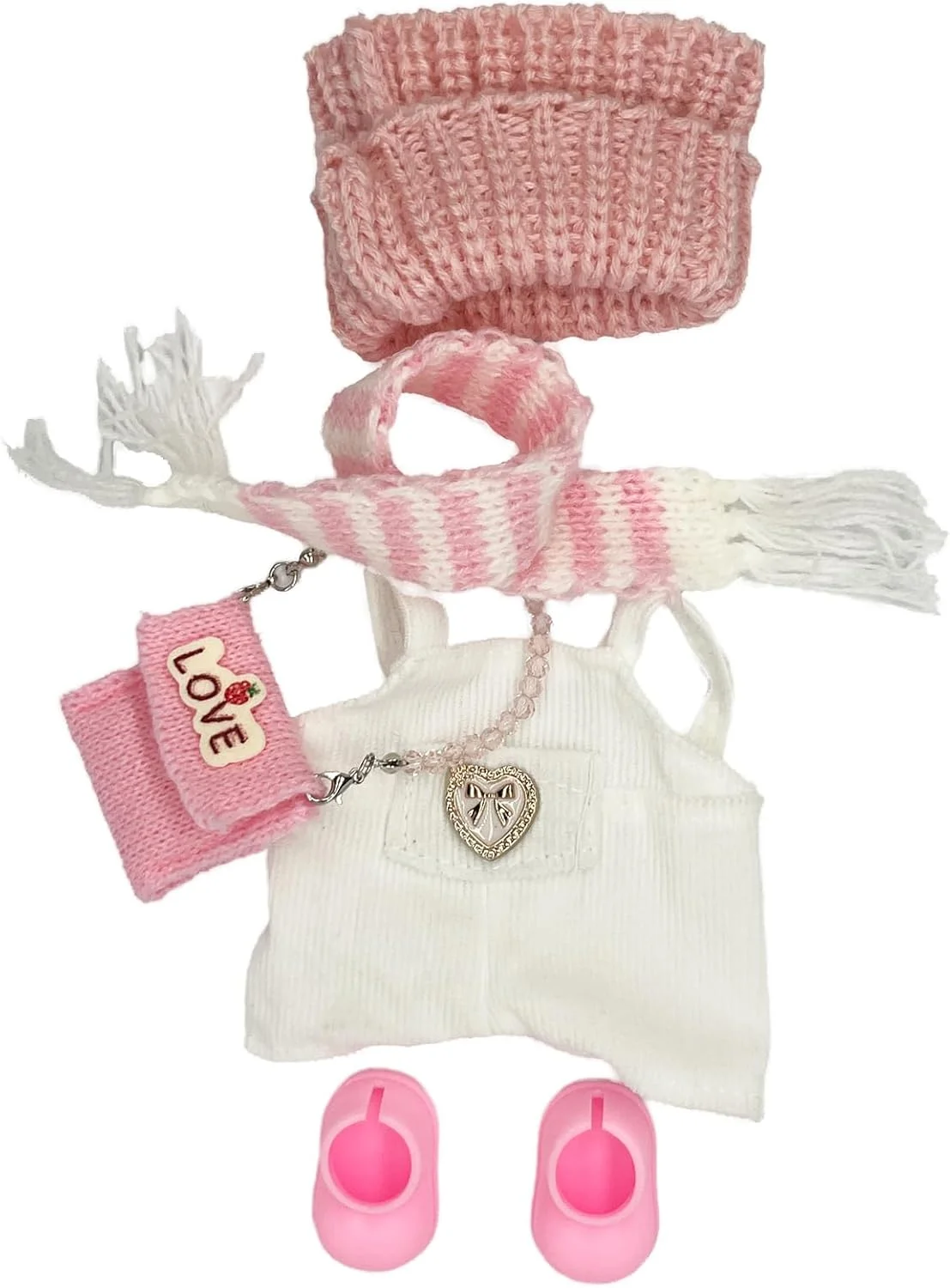 ست لباس عروسک فشن ONRRI برای عروسک های 17 سانتی متری - لباس سفید، کلاه و کیف بافتنی صورتی، کفش و لوازم جانبی روسری