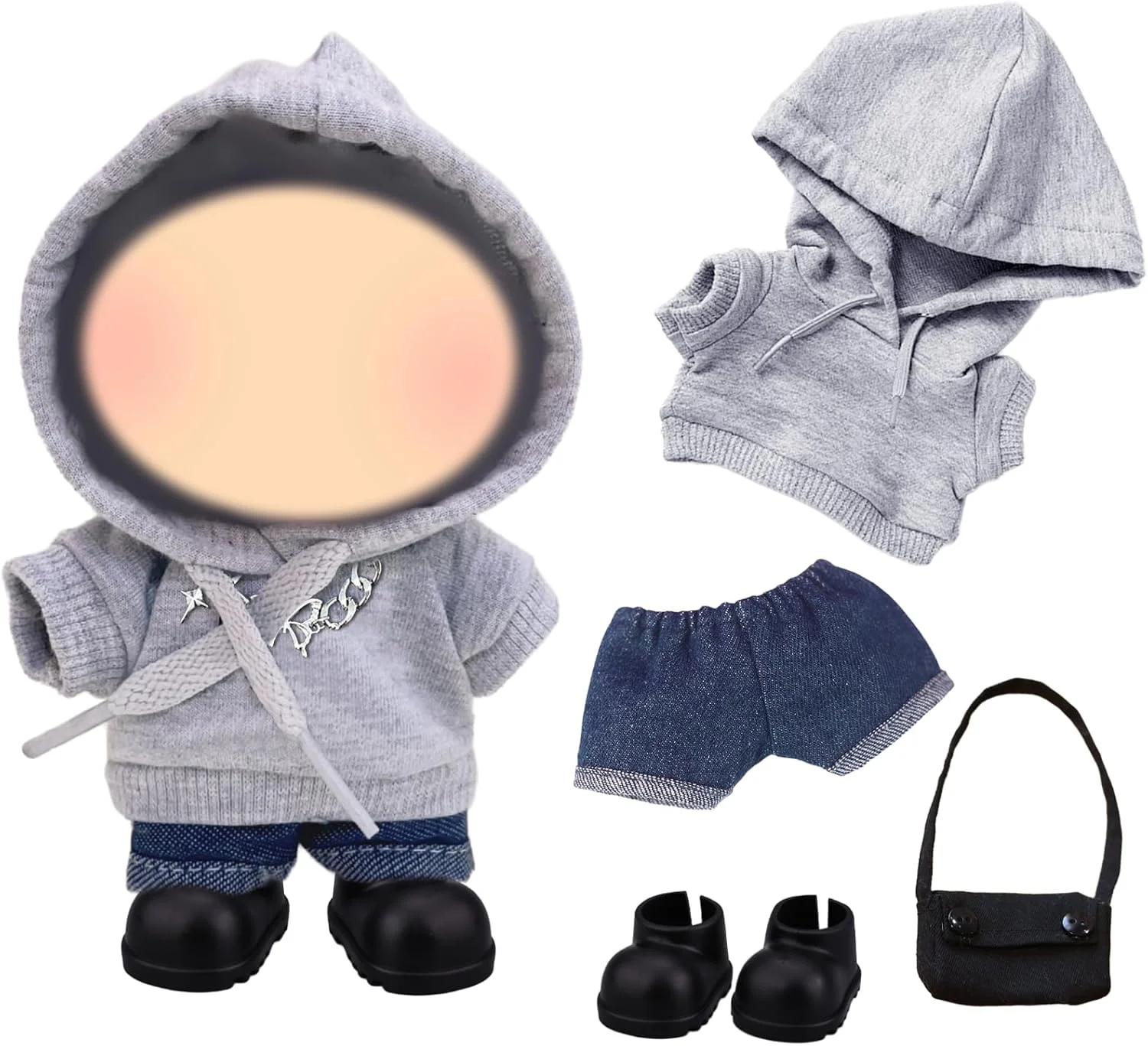 ست لباس عروسک 17 سانتی متری، لباس ورزشی خاکستری با هودی ورزشی، شورت جین، کیف، کفش و گردنبند، هدیه تولد برای دختران، بدون عروسک