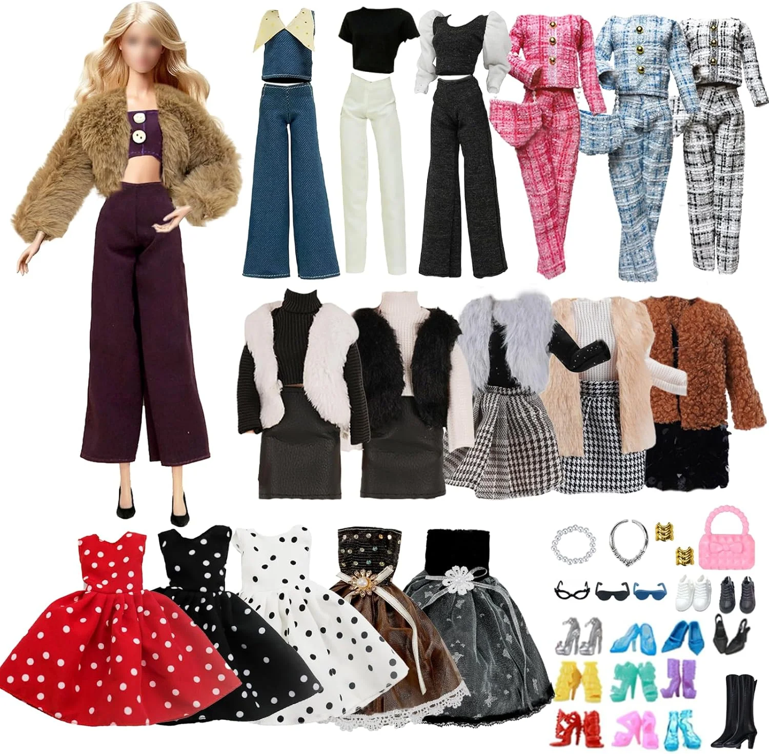 21 دست لباس عروسک کلاسیک سازگار با باربی، ست مخمل مدل سوپر، ست جلیقه مخمل، ست بافتنی ضخیم، ست جین، لباس خالدار، لباس اکلیلی، 6 کفش، 6 لوازم جانبی برای عروسک های 11.5 اینچی
