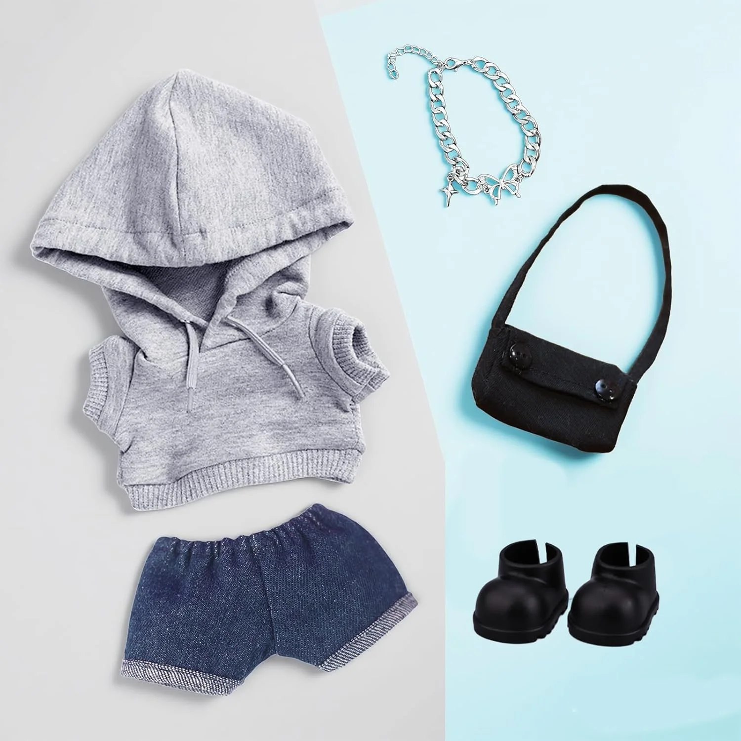 ست لباس عروسک 17 سانتی متری، لباس ورزشی خاکستری با هودی ورزشی، شورت جین، کیف، کفش و گردنبند، هدیه تولد برای دختران، بدون عروسک ست لباس عروسک 17 سانتی متری، لباس ورزشی خاکستری با هودی ورزشی، شورت جین، کیف، کفش و گردنبند، هدیه تولد برای دختران، بدون عروسک