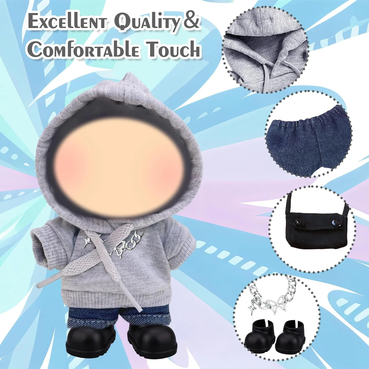 ست لباس عروسک 17 سانتی متری، لباس ورزشی خاکستری با هودی ورزشی، شورت جین، کیف، کفش و گردنبند، هدیه تولد برای دختران، بدون عروسک ست لباس عروسک 17 سانتی متری، لباس ورزشی خاکستری با هودی ورزشی، شورت جین، کیف، کفش و گردنبند، هدیه تولد برای دختران، بدون عروسک