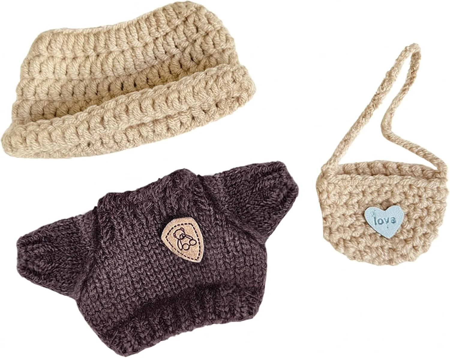 ست لباس عروسک بافتنی دست ساز برای عروسک های 15-17 سانتی متری، ست لباس عروسک 3 تکه ممتاز، لوازم جانبی عروسک شامل لباس، کلاه و کوله پشتی، لباس پوشیدن زیبا با سبک منحصر به فرد