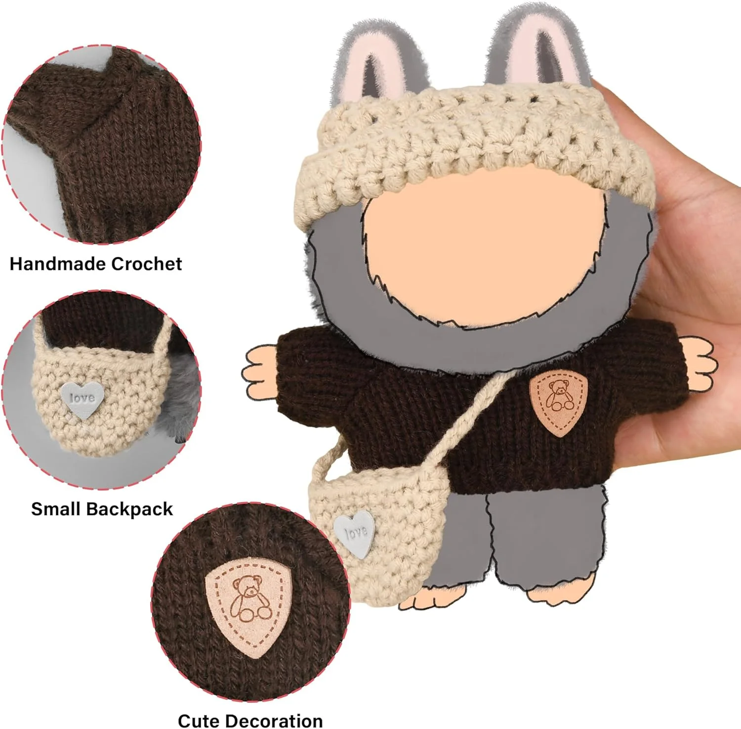 ست لباس عروسک بافتنی دست ساز برای عروسک های 15-17 سانتی متری، ست لباس عروسک 3 تکه ممتاز، لوازم جانبی عروسک شامل لباس، کلاه و کوله پشتی، لباس پوشیدن زیبا با سبک منحصر به فرد