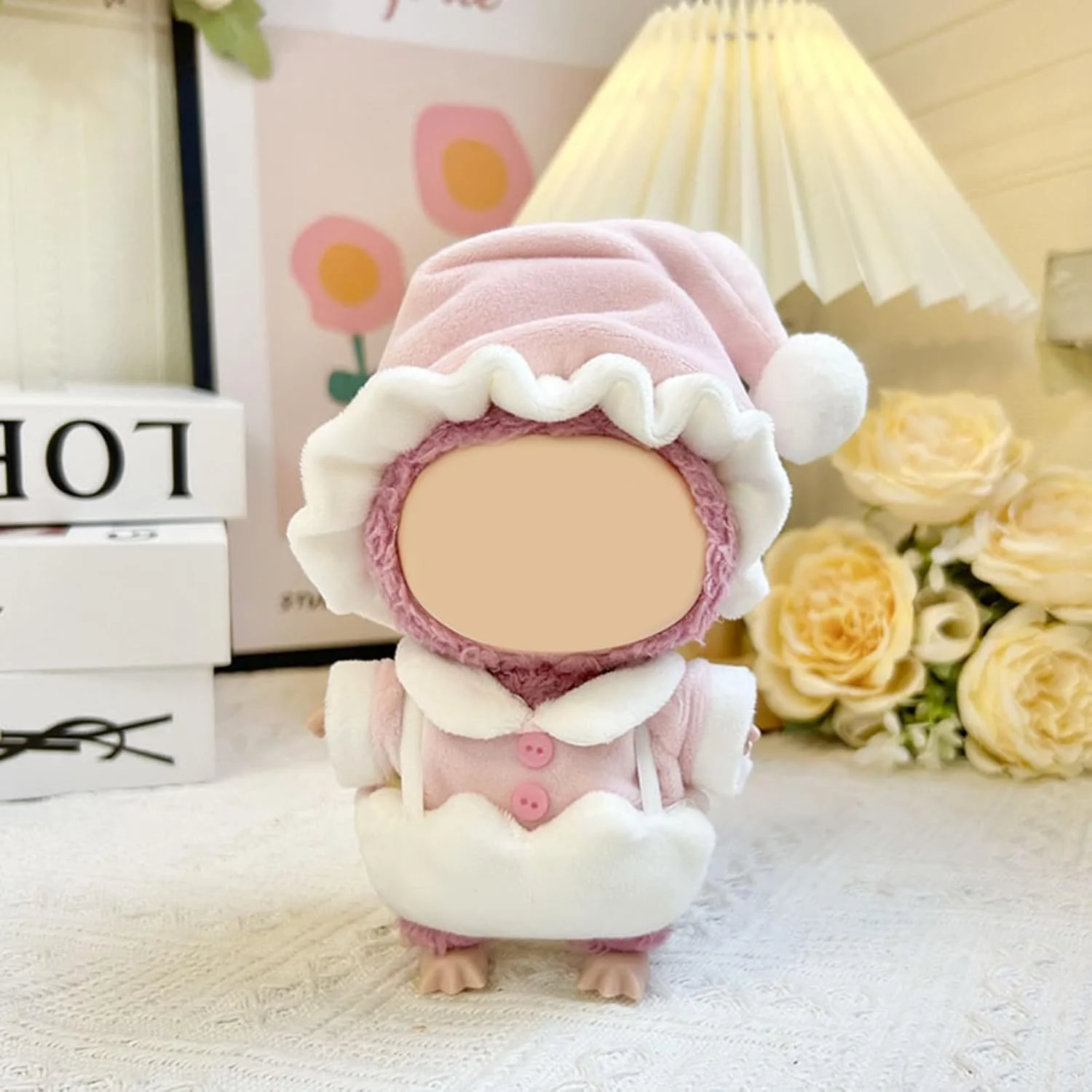 ست لباس و پوشاک عروسک 17 سانتی متری، کلاه صورتی + تاپ صورتی + شلوار سفید، لباس های مد روز با لوازم جانبی، برای لباس عروسک Labubu (عروسک شامل نمی شود)