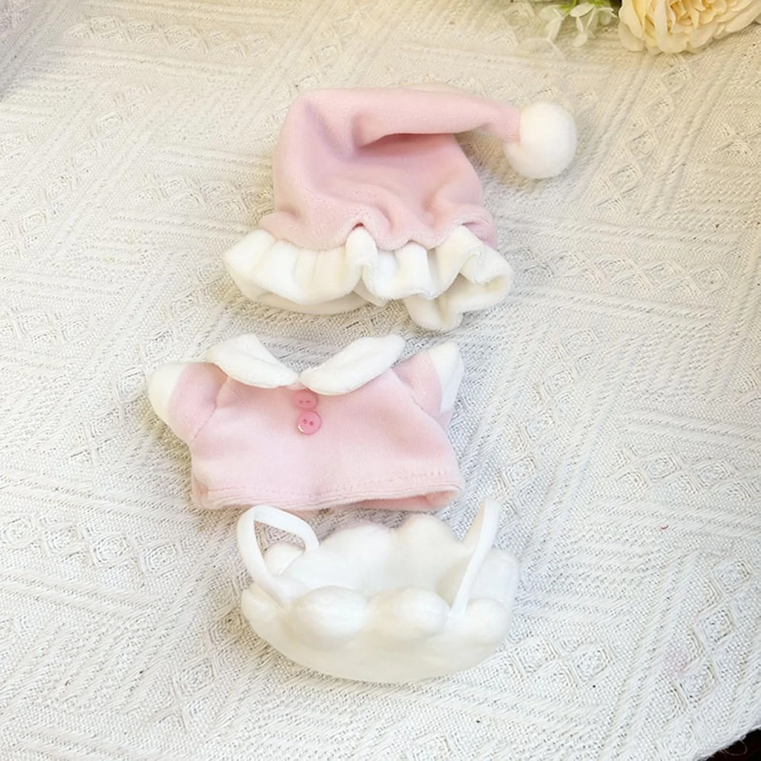 ست لباس و پوشاک عروسک 17 سانتی متری، کلاه صورتی + تاپ صورتی + شلوار سفید، لباس های مد روز با لوازم جانبی، برای لباس عروسک Labubu (عروسک شامل نمی شود)