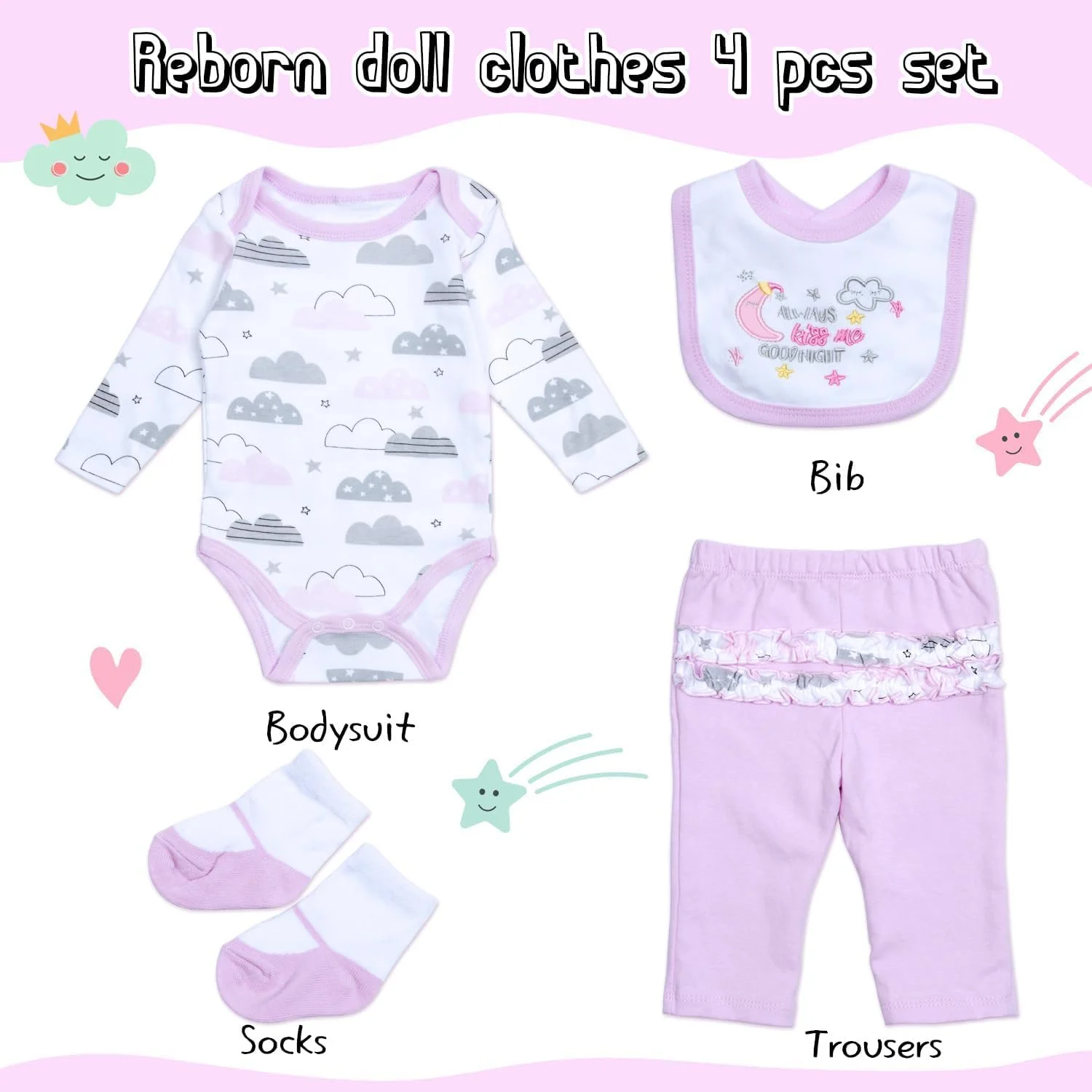 ست لباس 4 تکه عروسک نوزاد Reborn مناسب برای عروسک های 17-22 اینچی، لباس های عروسک نوزاد ماه و ستاره Reborn با پیش بند و جوراب برای عروسک های نوزاد دخترانه واقعی، صورتی ست لباس 4 تکه عروسک نوزاد Reborn مناسب برای عروسک های 17-22 اینچی، لباس های عروسک نوزاد ماه و ستاره Reborn با پیش بند و جوراب برای عروسک های نوزاد دخترانه واقعی، صورتی