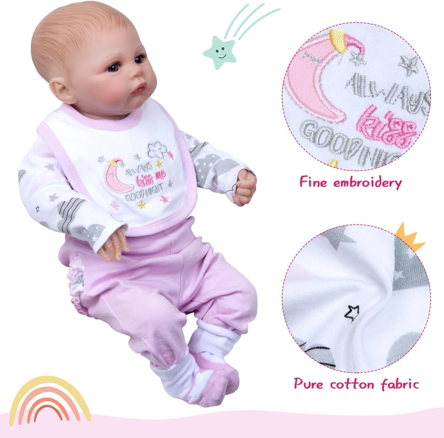 ست لباس 4 تکه عروسک نوزاد Reborn مناسب برای عروسک های 17-22 اینچی، لباس های عروسک نوزاد ماه و ستاره Reborn با پیش بند و جوراب برای عروسک های نوزاد دخترانه واقعی، صورتی ست لباس 4 تکه عروسک نوزاد Reborn مناسب برای عروسک های 17-22 اینچی، لباس های عروسک نوزاد ماه و ستاره Reborn با پیش بند و جوراب برای عروسک های نوزاد دخترانه واقعی، صورتی