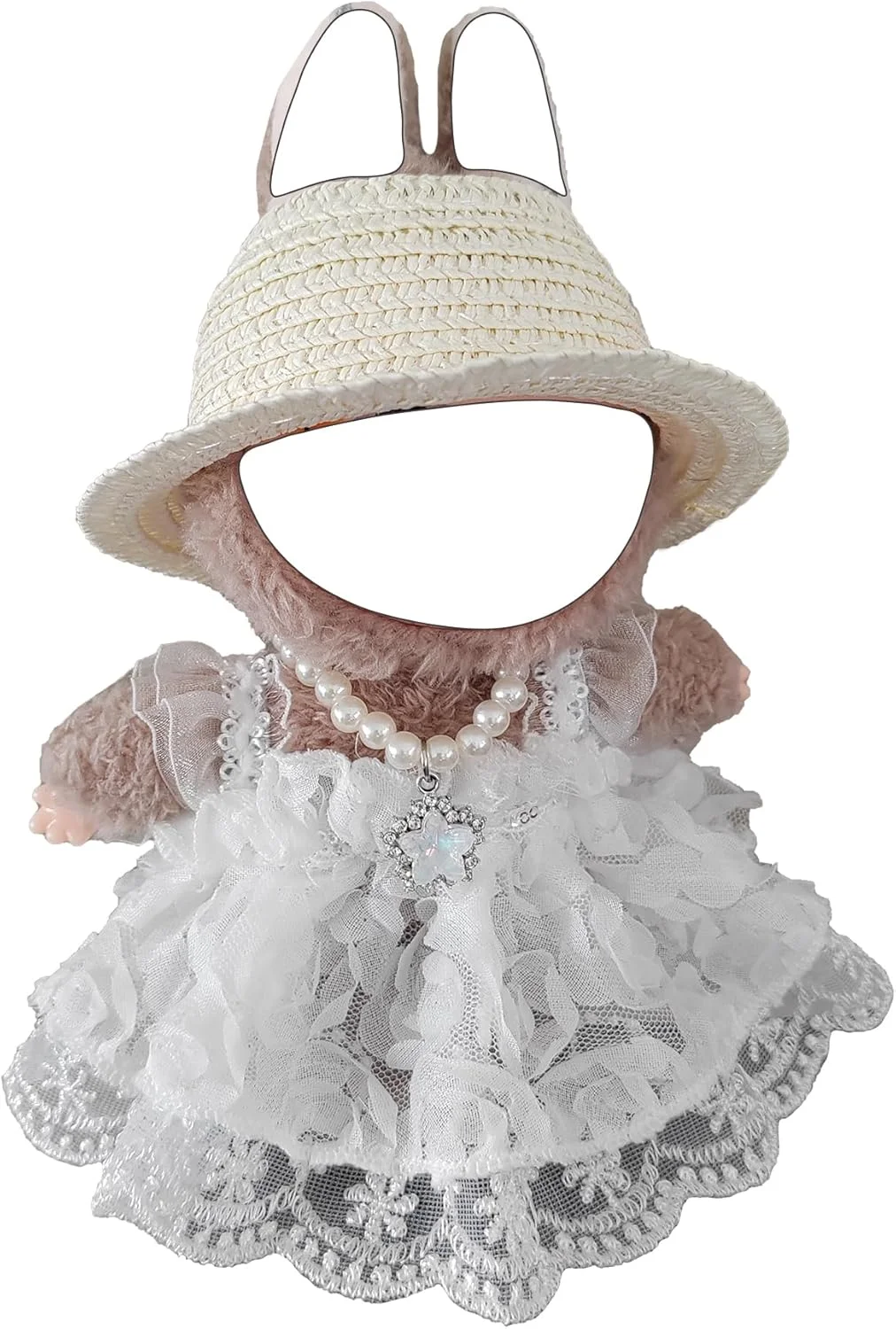 ست لباس توری گل رز سفید 4 تکه برای عروسک های 15 تا 17 سانتی متری، شامل لباس، کلاه حصیری، گردنبند مرواریدی با آویز نگین و لباس زیر - لباس های عروسکی طراح، بازآفرینی ظرافت کلاسیک