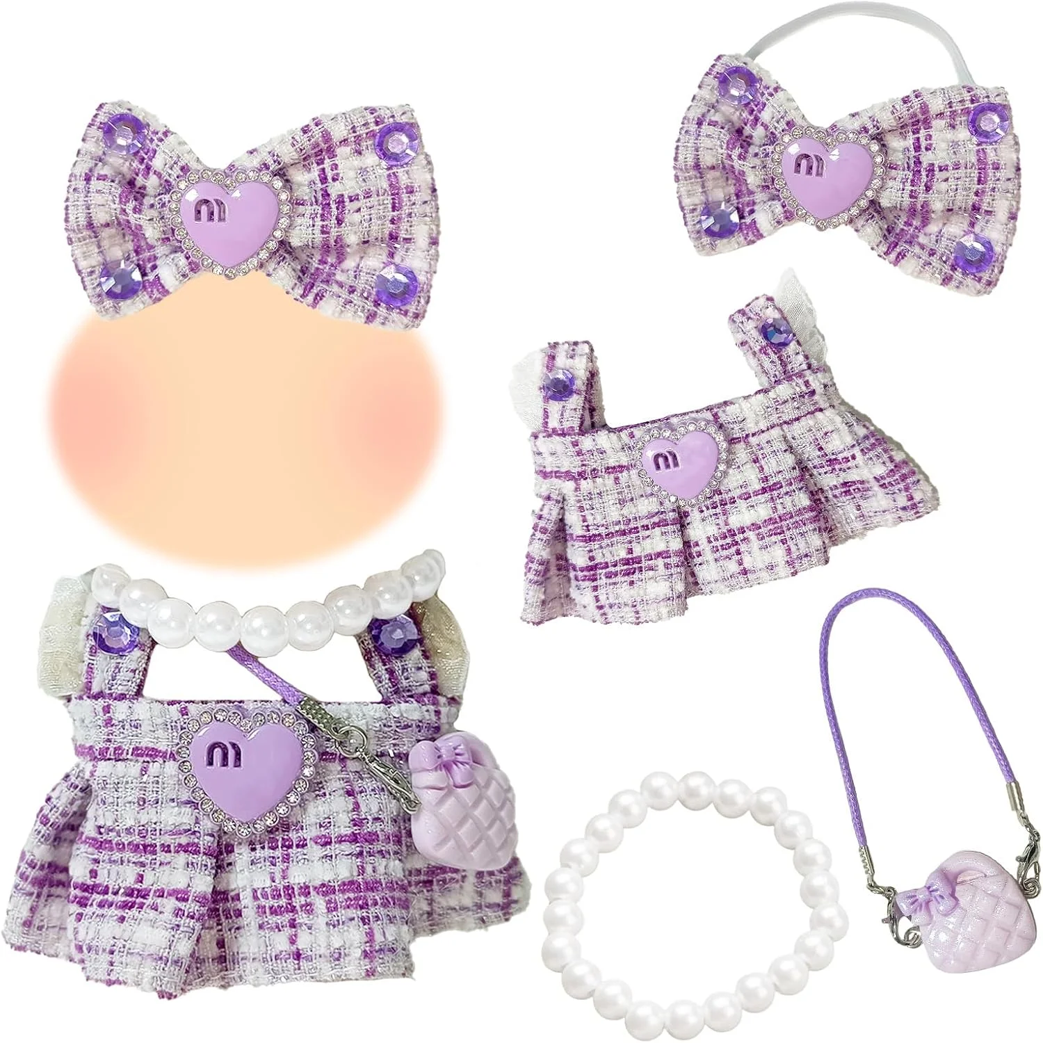 بسته 4 عددی لباس بنفش عروسک برای عروسک های 17 سانتی متری، لباس عروسک زیبا شامل 1 دامن، 1 گیره مو، 1 گردنبند و 1 کیف دستی، عروسک