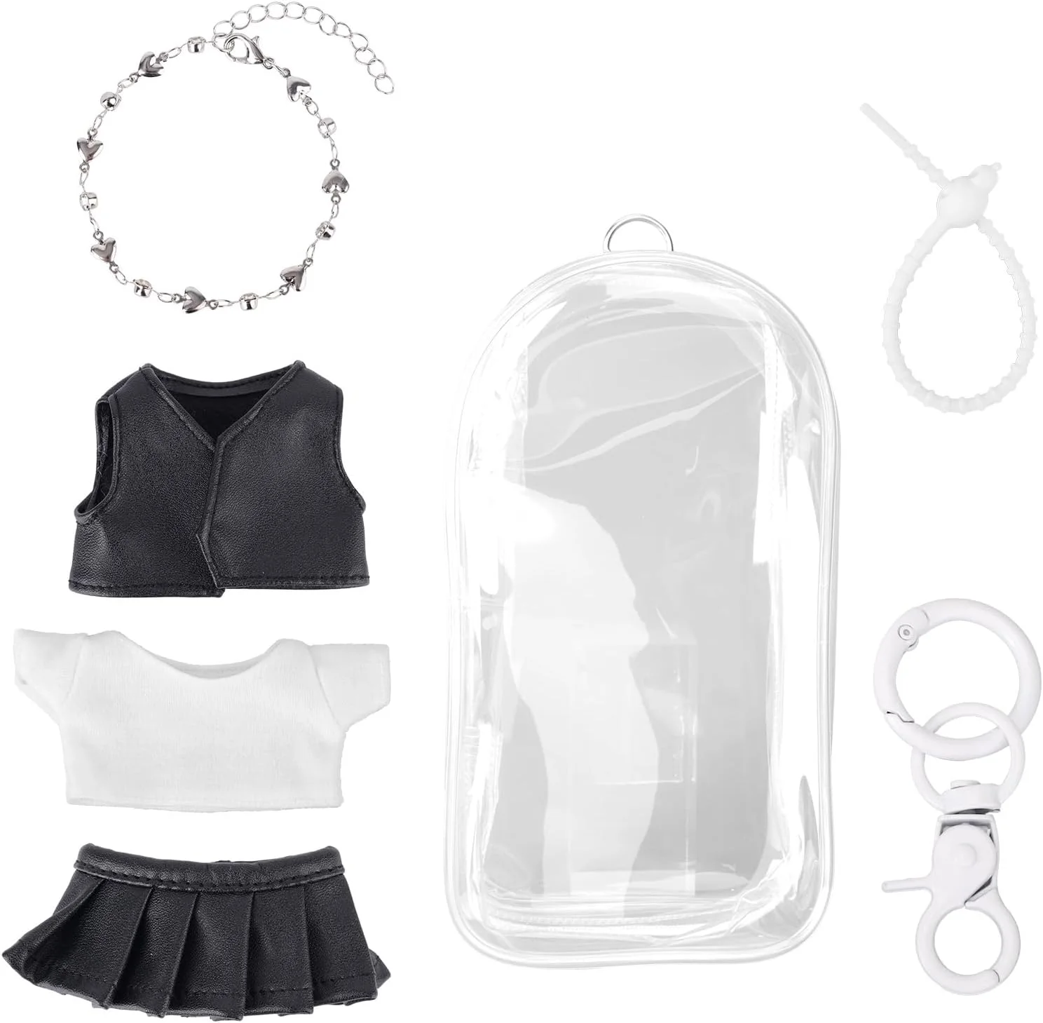 کیف نمایشگر شفاف فیگور Tinoaly با ست لباس عروسک 6.7 اینچی (تی شرت، دامن، جلیقه، گردنبند)، جاکلیدی لوازم جانبی برای نگهداری و نمایش لباس، جعبه محافظ لباس (عروسک شامل نمی شود)