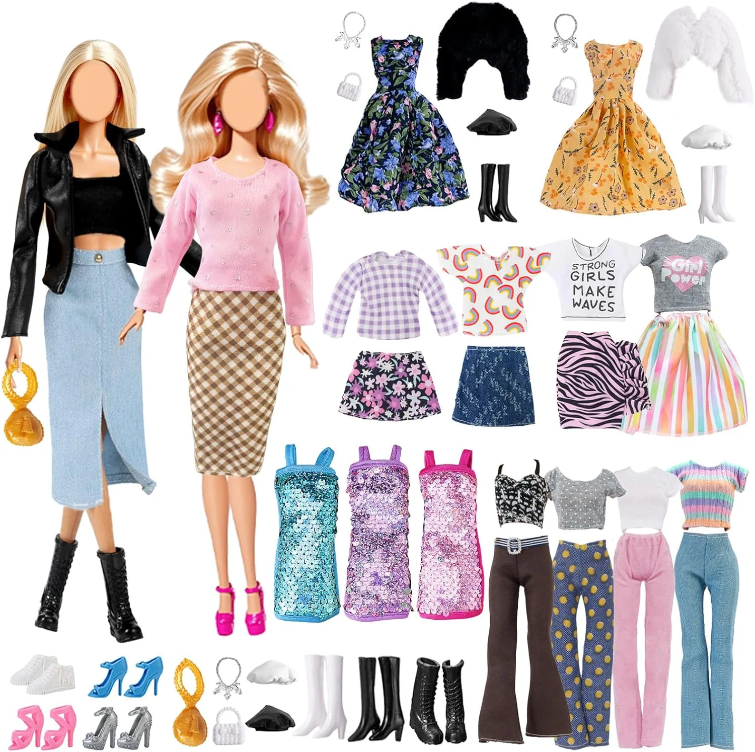 16 تکه لباس و لوازم جانبی عروسک برای عروسک 11.5 اینچی شامل 1 ست کت چرمی، 1 ست لباس مد، 1 ست دامن مدادی، 2 دست لباس، 1 لباس پولکی، کفش، کیف، گردنبند، کلاه به صورت تصادفی، دخترانه