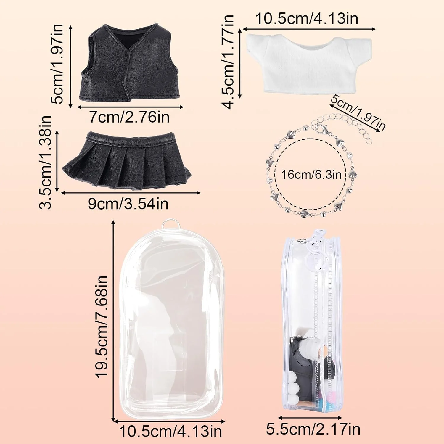 کیف نمایشگر شفاف فیگور Tinoaly با ست لباس عروسک 6.7 اینچی (تی شرت، دامن، جلیقه، گردنبند)، جاکلیدی لوازم جانبی برای نگهداری و نمایش لباس، جعبه محافظ لباس (عروسک شامل نمی شود)