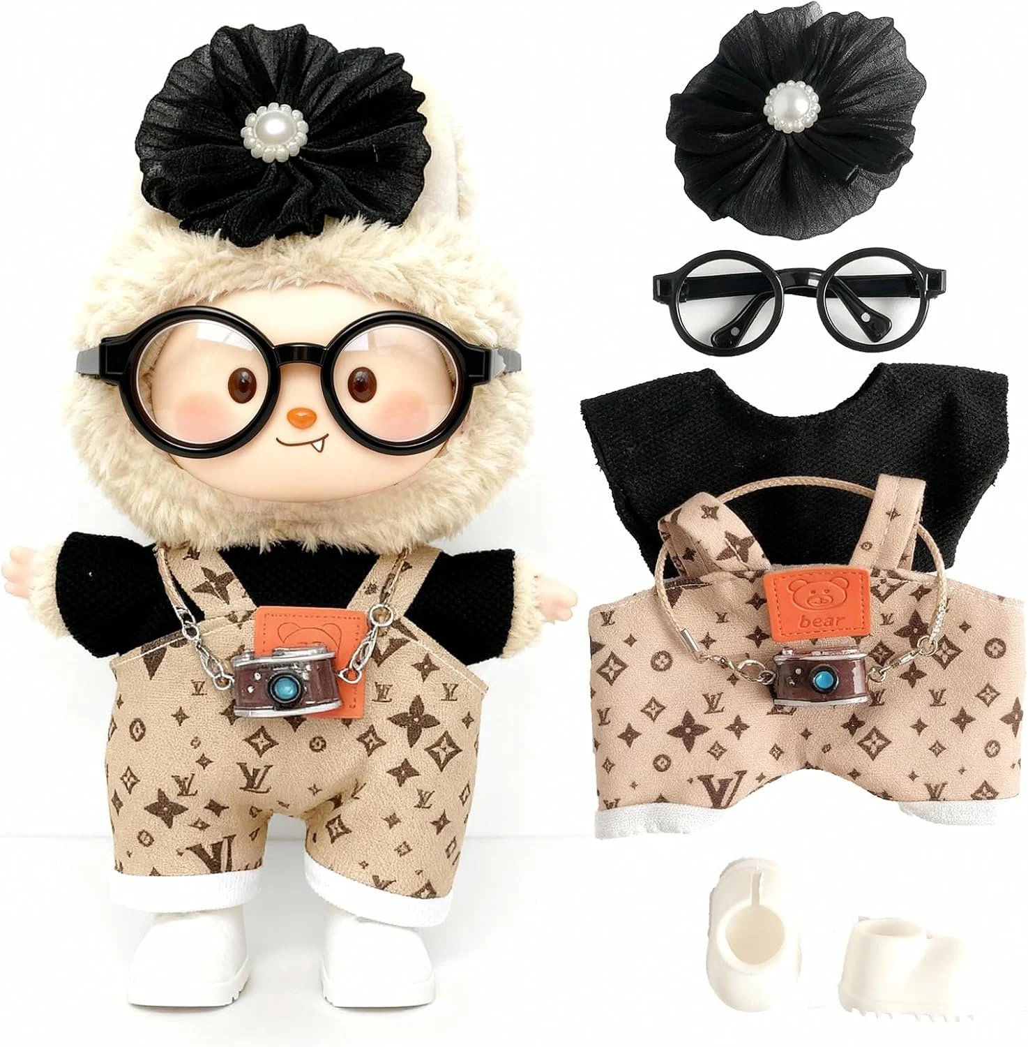 ست لباس و پوشاک عروسک 17 سانتی متری - لباس های عروسکی شیک و زیبا با کلاه، شورت، تاپ بافتنی، کفش، عینک و کیف دوربین - لباس عروسکی کلکسیونی شیک (استایل H)