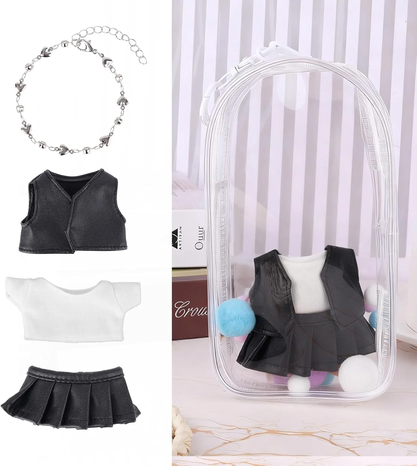 کیف نمایشگر شفاف فیگور Tinoaly با ست لباس عروسک 6.7 اینچی (تی شرت، دامن، جلیقه، گردنبند)، جاکلیدی لوازم جانبی برای نگهداری و نمایش لباس، جعبه محافظ لباس (عروسک شامل نمی شود)