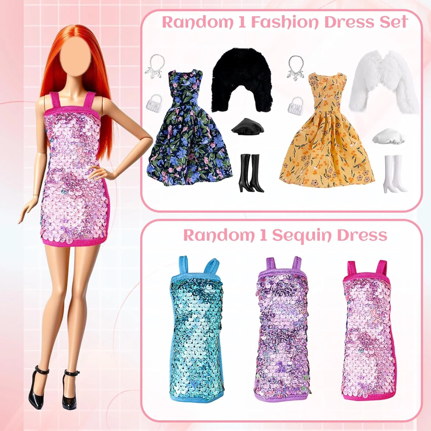 16 تکه لباس و لوازم جانبی عروسک برای عروسک 11.5 اینچی شامل 1 ست کت چرمی، 1 ست لباس مد، 1 ست دامن مدادی، 2 دست لباس، 1 لباس پولکی، کفش، کیف، گردنبند، کلاه به صورت تصادفی، دخترانه