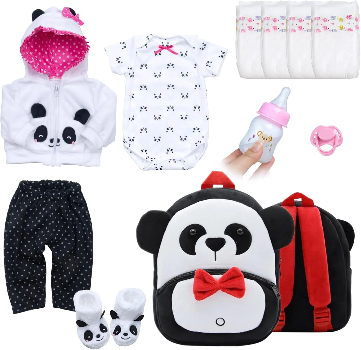 ست لباس 11 تکه عروسک نوزاد ریبورن مناسب عروسک های 16-18 اینچی، لوازم جانبی و لباس عروسک نوزاد پاندا ریبورن با کوله پشتی و کت پاندا برای دختران عروسک های واقعی، پوشک، صورتی، قرمز