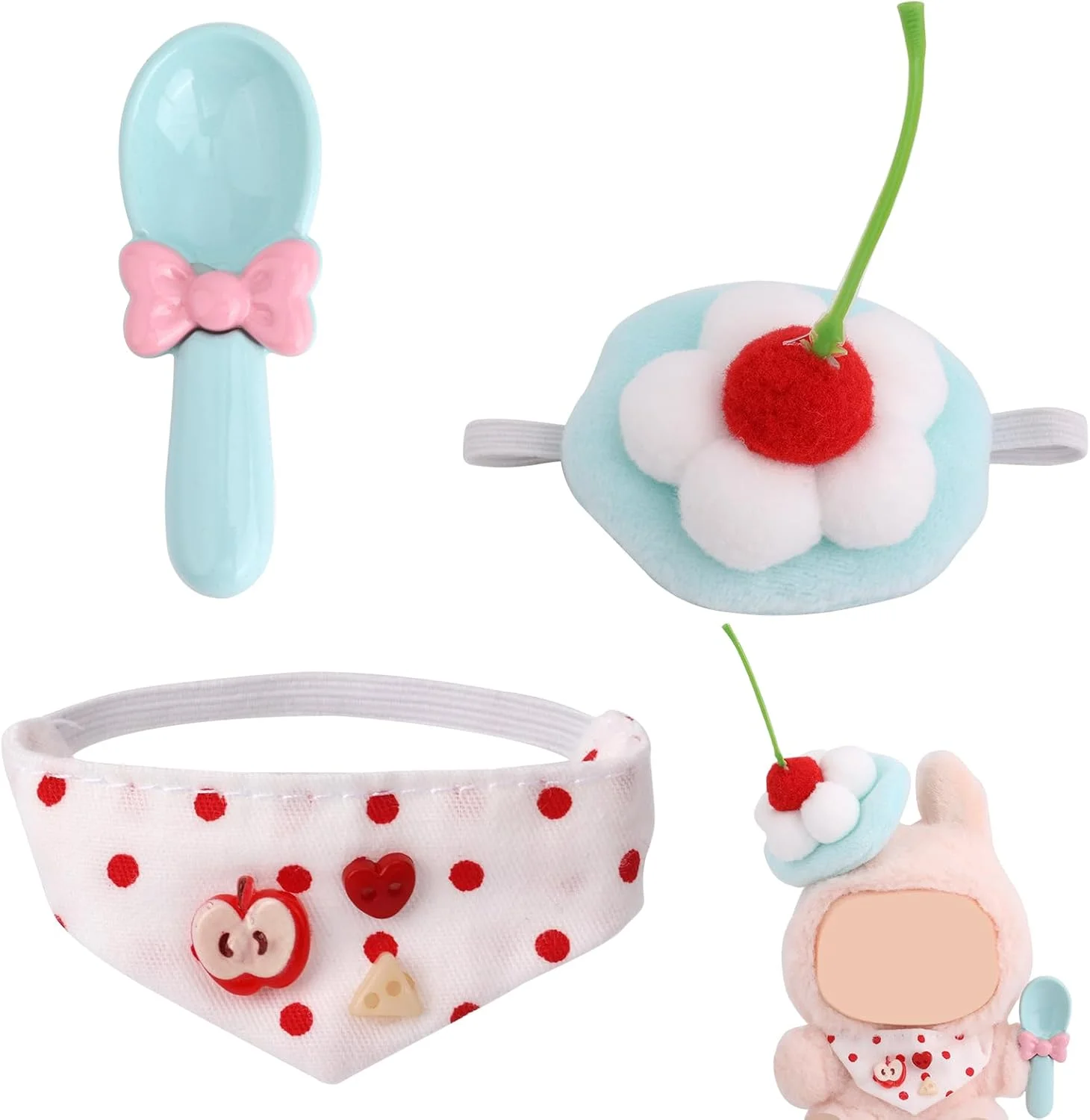 ست لباس 3 تکه عروسک، لباس های آبی/سفید زیبا برای عروسک های پولیشی، پیش بند، کلاه گوجه فرنگی و قاشق، لوازم جانبی لباس برای عروسک های بزرگ 15 سانتی متری/17 سانتی متری (فقط لباس)