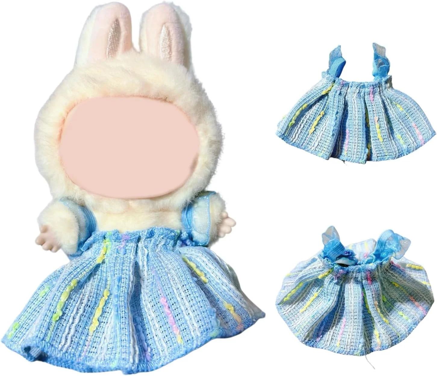 ست لباس عروسک 17 سانتی متری (فقط لباس) شامل دامن و لباس بند دار زیبا برای عروسک های بوبو، ظاهری منحصر به فرد و شیک، لوازم جانبی دست ساز مد روز برای عروسک (دامن پلیسه ای بند دار آبی)