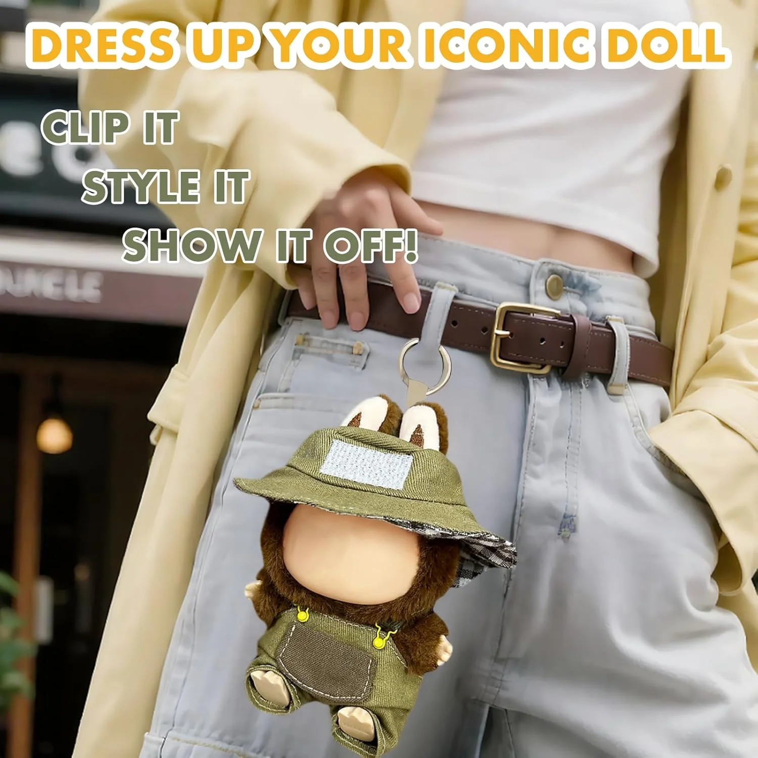 لباس عروسک 17 سانتی متری، ست لباس های مد روز با کلاه و لوازم جانبی، لباس های هماهنگ با پوشیدن آسان، پارچه ممتاز، (بدون عروسک) (Pocket Hunter (کلاه سطلی + سرهمی))