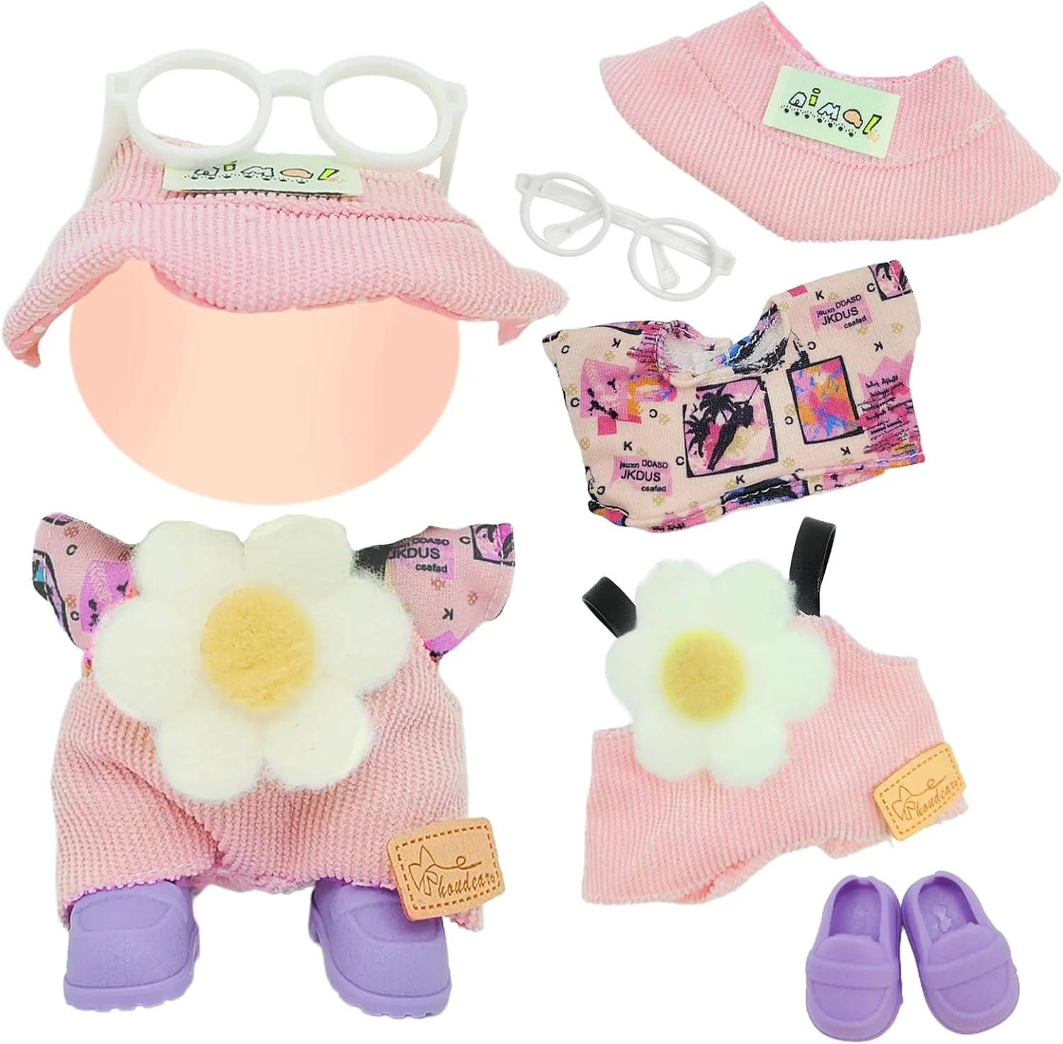 ست لباس عروسک صورتی 5 تکه برای عروسک های 17 سانتی متری، ست لباس عروسک گلدار شامل 1 تاپ، 1 سرهمی، 1 عینک، 1 جفت کفش، لوازم جانبی عروسک شیرین، هدیه تولد و کریسمس عالی برای دختران