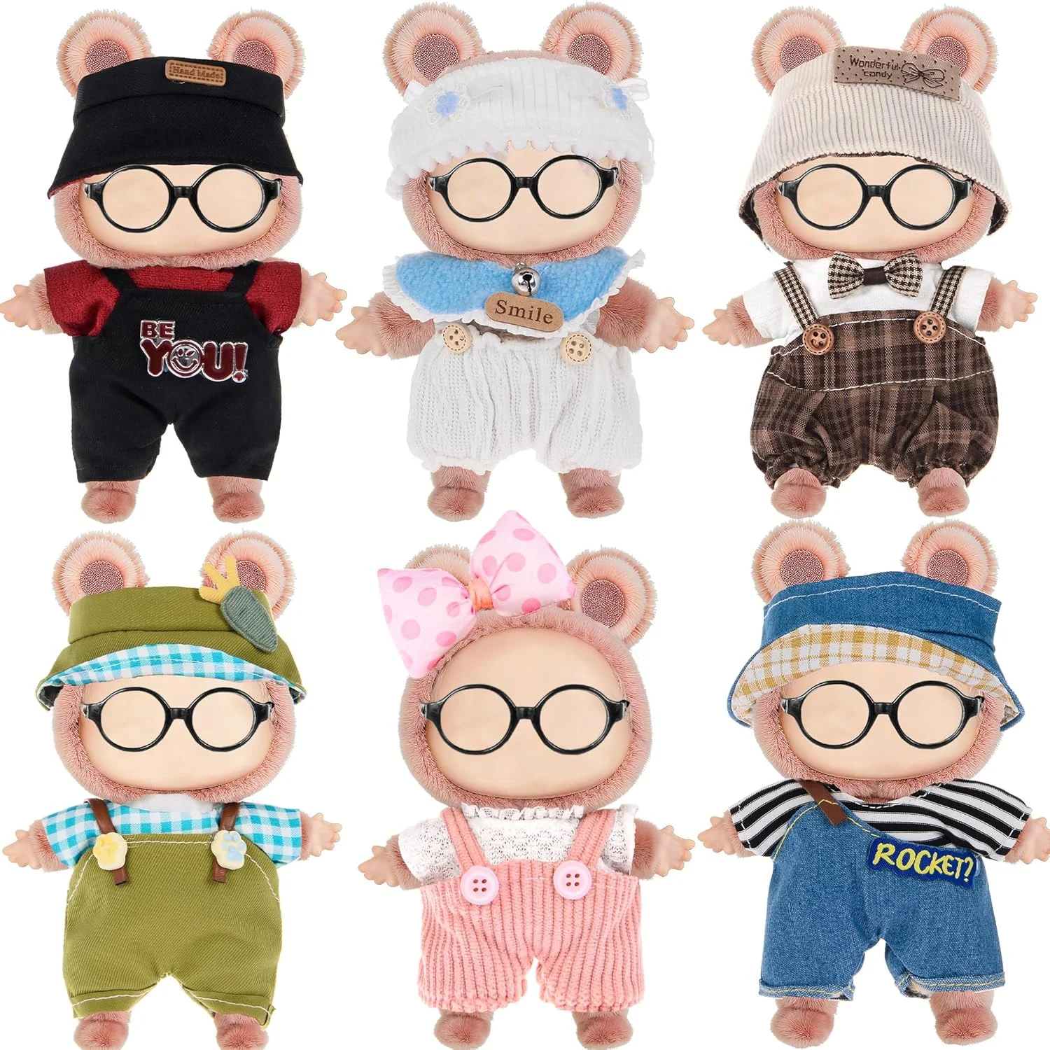 مجموعه 6 عددی لباس و لوازم جانبی عروسک 17 سانتی متری شامل کلاه، گیره مو، تاپ و شلوار - لوازم جانبی نرم و شیک (عروسک و عینک شامل نمی شوند)