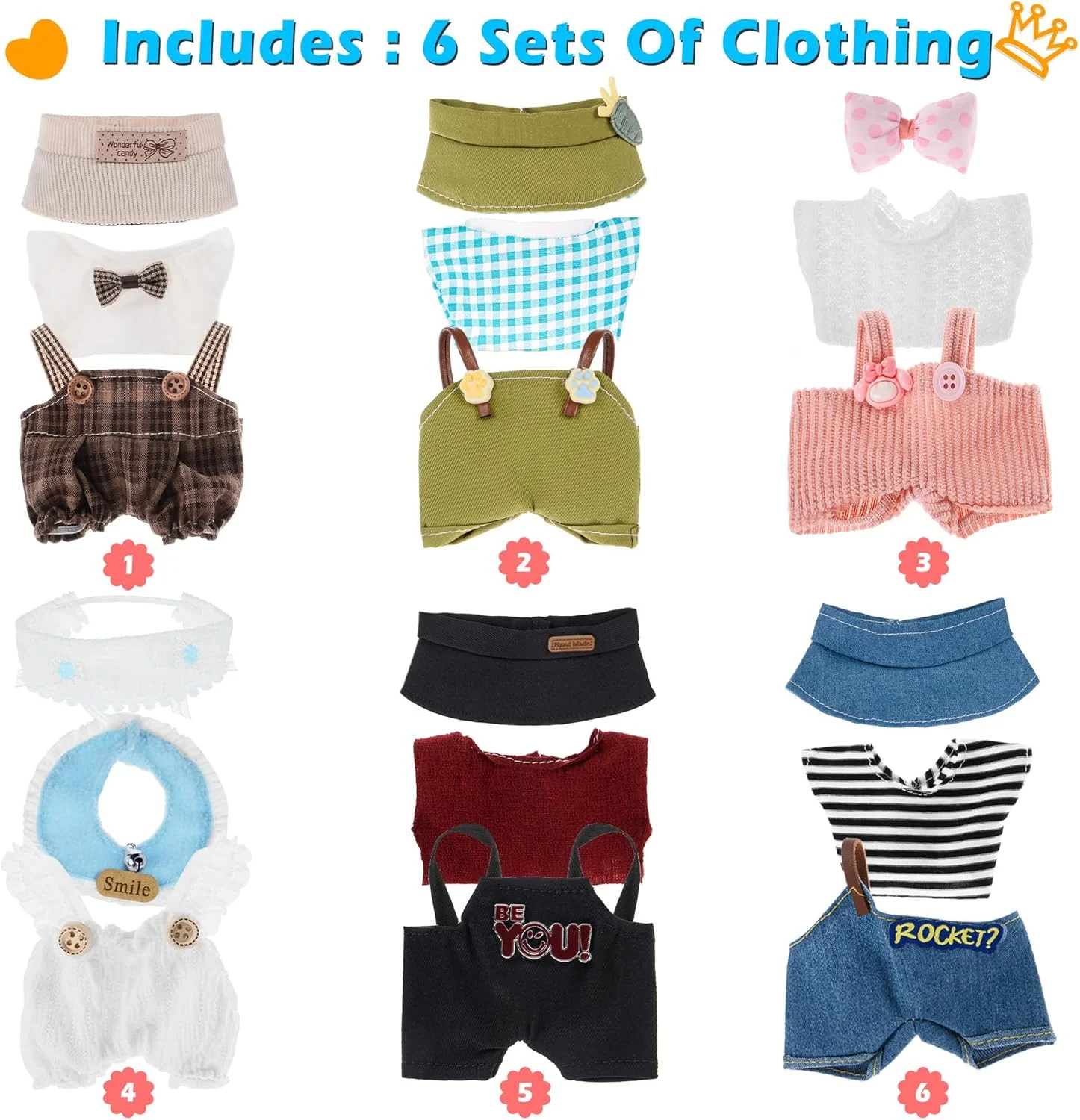 مجموعه 6 عددی لباس و لوازم جانبی عروسک 17 سانتی متری شامل کلاه، گیره مو، تاپ و شلوار - لوازم جانبی نرم و شیک (عروسک و عینک شامل نمی شوند)