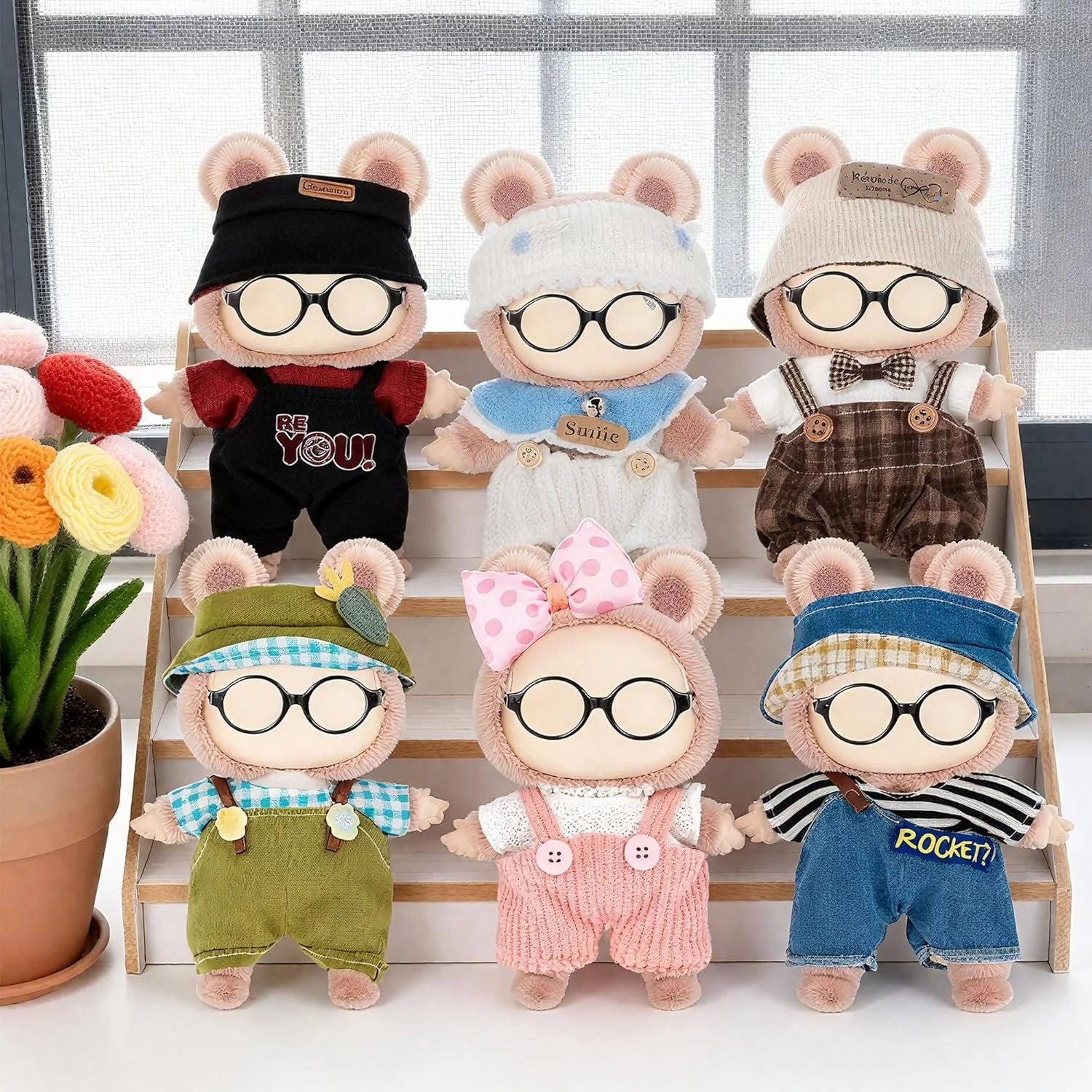 مجموعه 6 عددی لباس و لوازم جانبی عروسک 17 سانتی متری شامل کلاه، گیره مو، تاپ و شلوار - لوازم جانبی نرم و شیک (عروسک و عینک شامل نمی شوند)