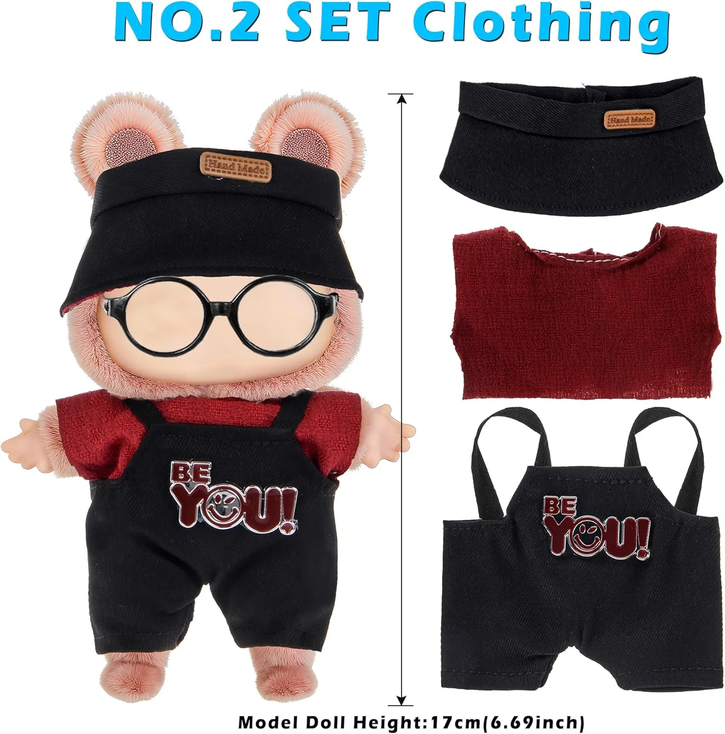 مجموعه 6 عددی لباس و لوازم جانبی عروسک 17 سانتی متری شامل کلاه، گیره مو، تاپ و شلوار - لوازم جانبی نرم و شیک (عروسک و عینک شامل نمی شوند)