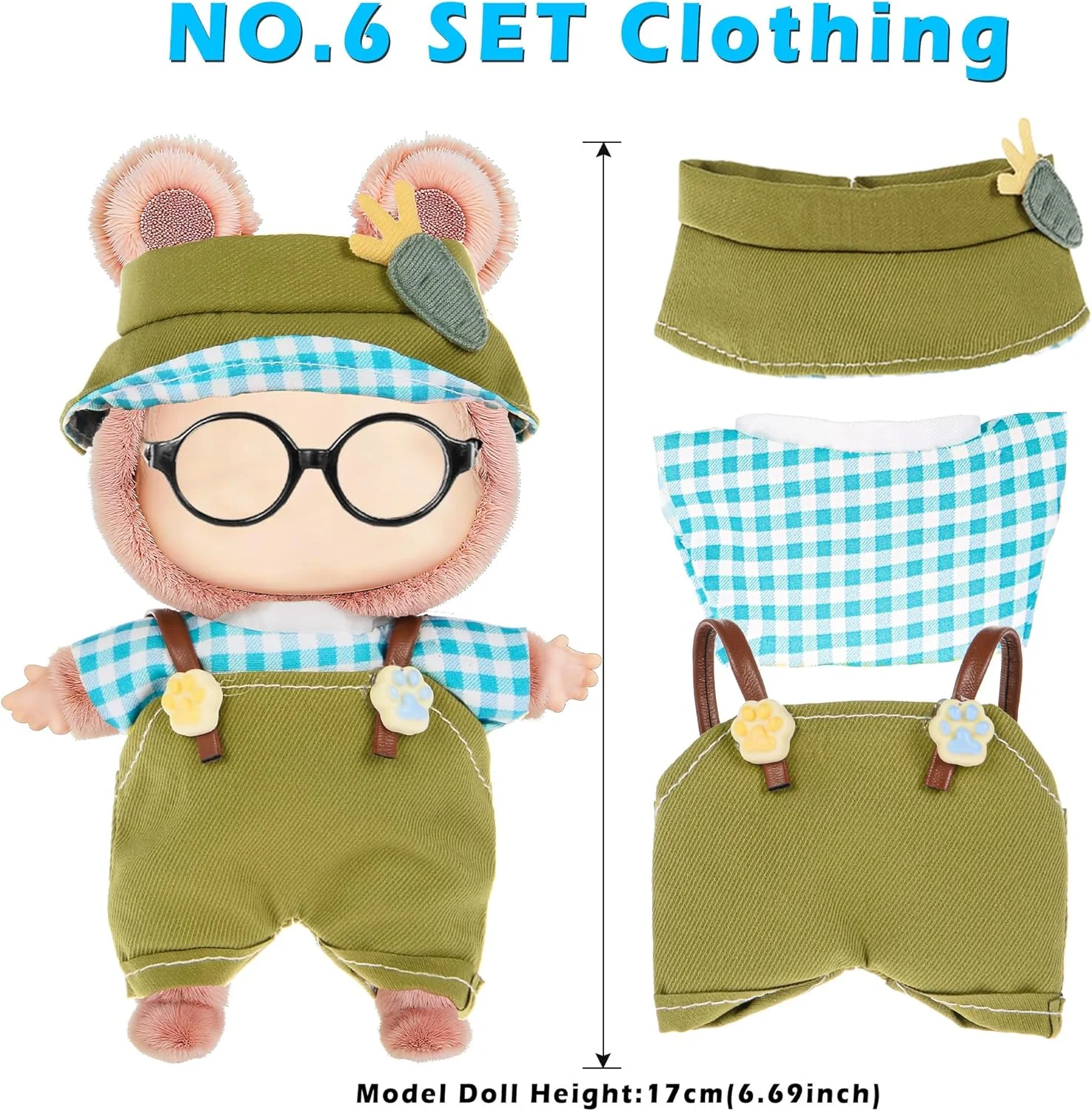 مجموعه 6 عددی لباس و لوازم جانبی عروسک 17 سانتی متری شامل کلاه، گیره مو، تاپ و شلوار - لوازم جانبی نرم و شیک (عروسک و عینک شامل نمی شوند)