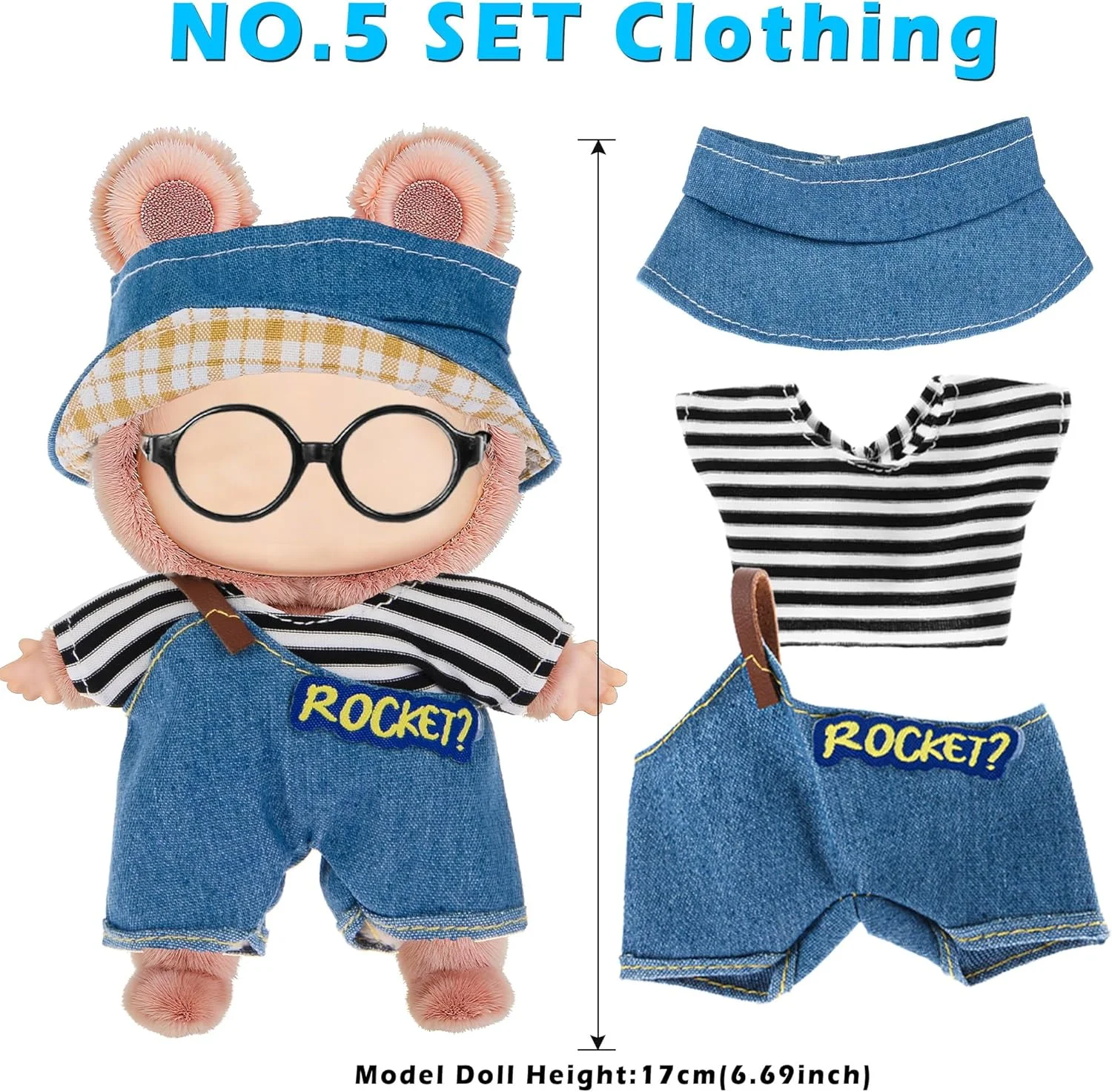 مجموعه 6 عددی لباس و لوازم جانبی عروسک 17 سانتی متری شامل کلاه، گیره مو، تاپ و شلوار - لوازم جانبی نرم و شیک (عروسک و عینک شامل نمی شوند)