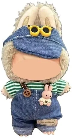 ست لباس عروسک 17 سانتی متری LA Made BU (بدون عروسک)، سرهمی جین و تی شرت راه راه با کلاه جین و عینک - لباس ممتاز برای عروسک های 15-17 سانتی متری، لوازم جانبی مد روزمره آبی و سبز LabuBlue برای بازی و نمایش