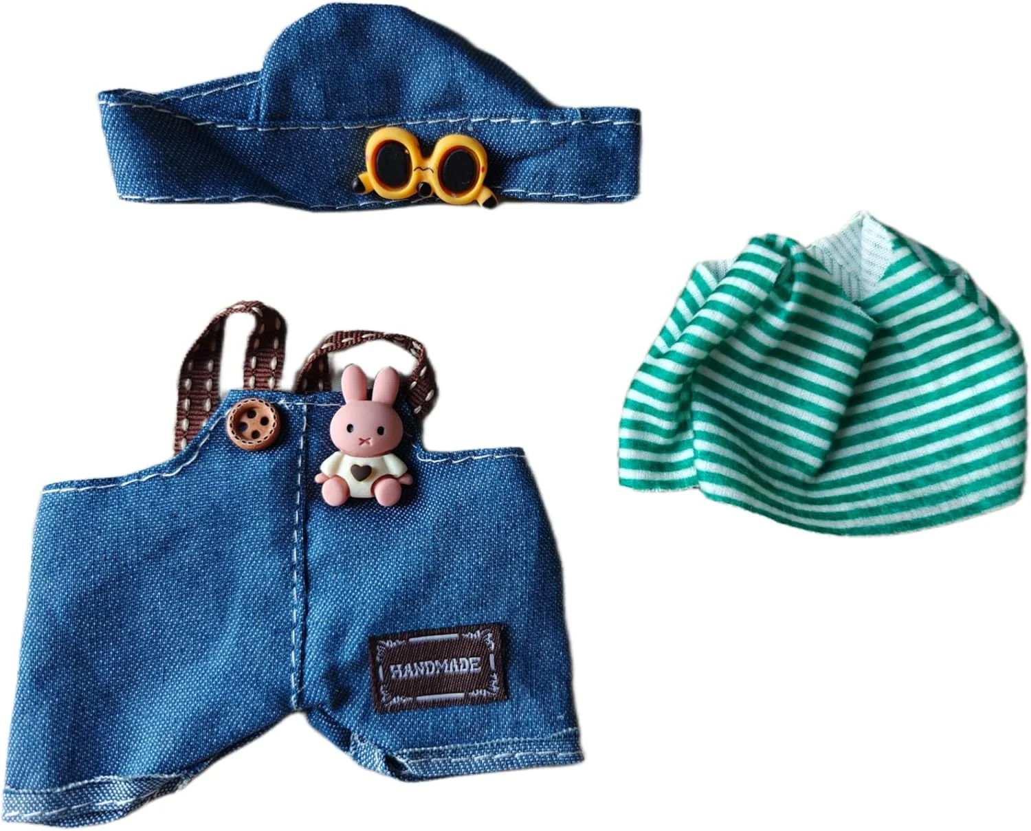 ست لباس عروسک 17 سانتی متری LA Made BU (بدون عروسک)، سرهمی جین و تی شرت راه راه با کلاه جین و عینک - لباس ممتاز برای عروسک های 15-17 سانتی متری، لوازم جانبی مد روزمره آبی و سبز LabuBlue برای بازی و نمایش ست لباس عروسک 17 سانتی متری LA Made BU (بدون عروسک)، سرهمی جین و تی شرت راه راه با کلاه جین و عینک - لباس ممتاز برای عروسک های 15-17 سانتی متری، لوازم جانبی مد روزمره آبی و سبز LabuBlue برای بازی و نمایش