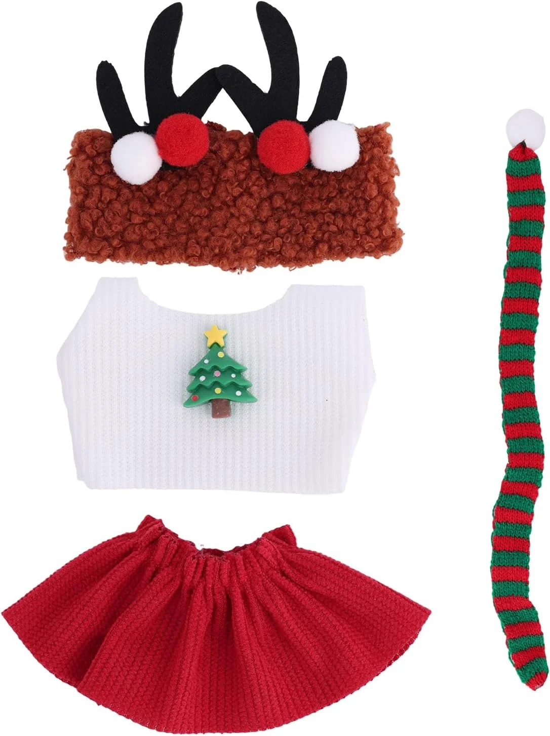 لباس عروسک کریسمس، دامن و بلوز زمستانی و شال گردن بافتنی برای عروسک 17 و 15 سانتی متری، ست لباس های جشن، لوازم جانبی لباس کریسمس زیبا (همراه با کلاه)