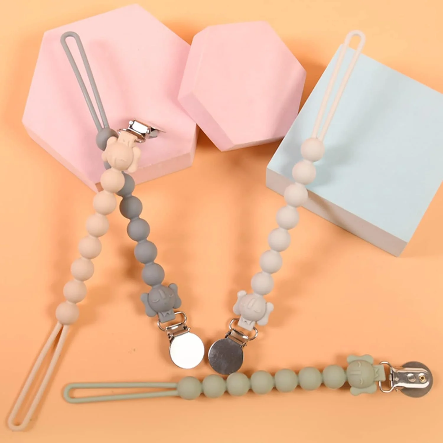 گیره/نگهدارنده پستانک سیلیکونی Asixxsix، 4 عدد زنجیر پستانک سیلیکونی طرح فیل بامزه، زنجیر نرم با گیره/نگهدارنده، تمیز کردن آسان، مناسب برای جشن تولد، کریسمس و سیسمونی دختران و پسران