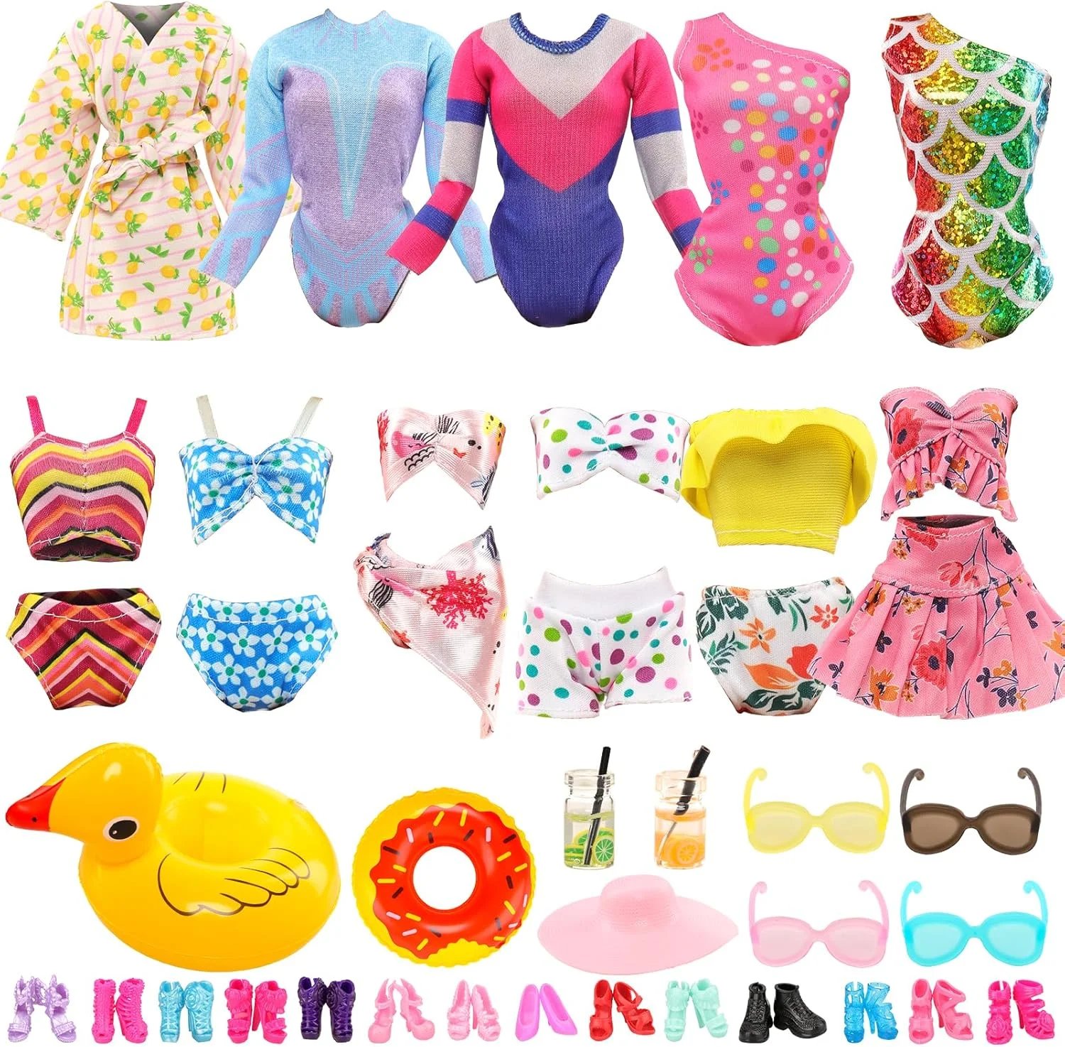 مجموعه لباس و لوازم جانبی تابستانی ساحلی 20 تکه ای ENOCHT برای عروسک، شامل 5 لباس شنا، 1 حوله حمام با 14 لوازم جانبی کفش، عینک، نوشیدنی و حلقه شنا برای عروسک 11.5 اینچی