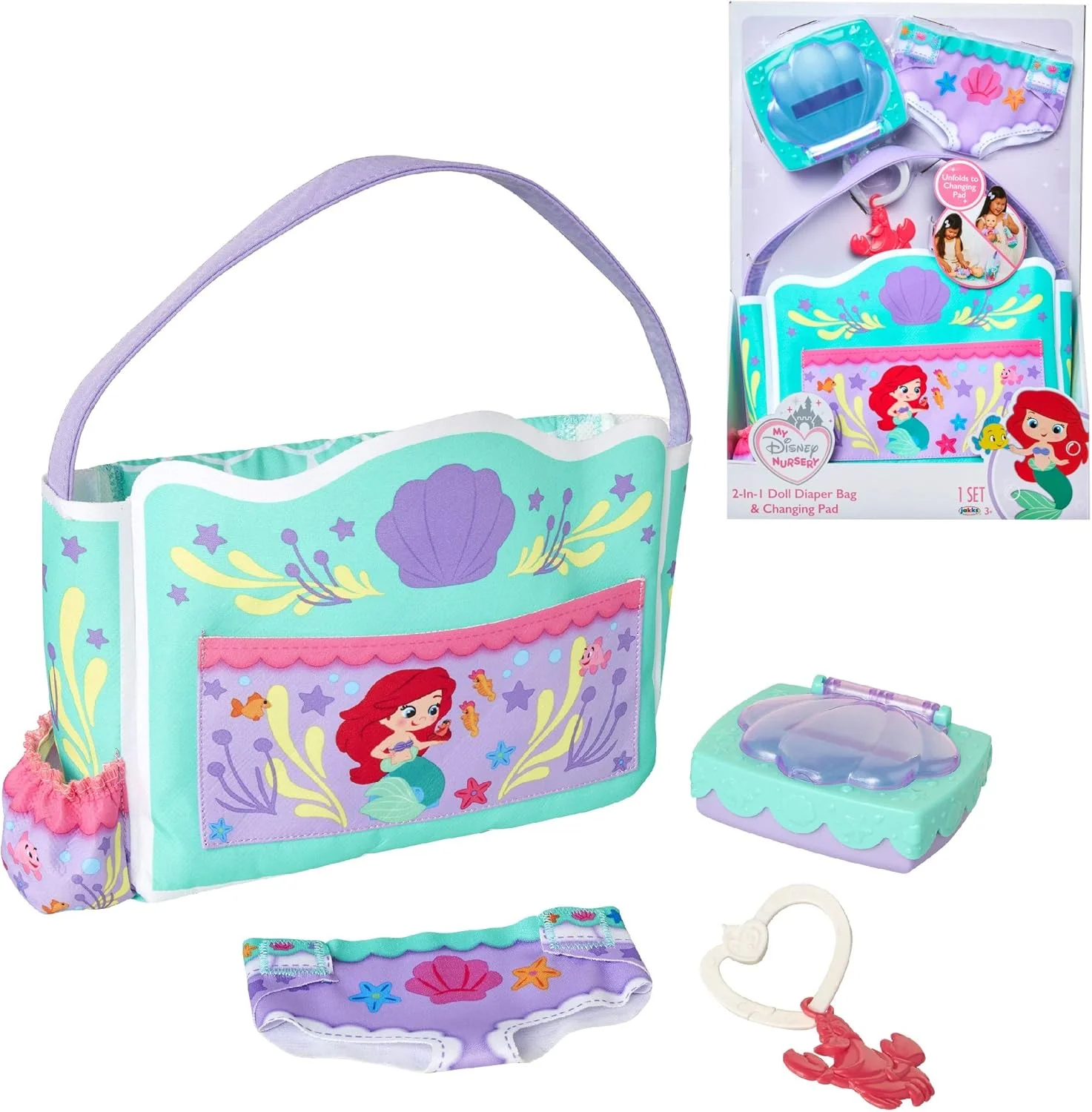 لوازم جانبی عروسک کودک دیزنی پرنسس، کیف پوشک 2 در 1 و پد تعویض آریل با الهام از پری دریایی کوچولو! ظرف اسباب بازی دستمال مرطوب، گیره پوشک با آویز