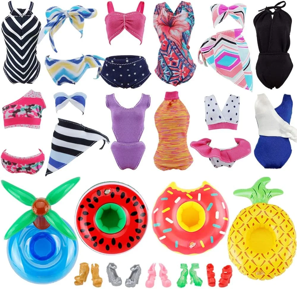 E-TING بسته 11 عددی = 3 عدد مایو بیکینی ساحلی عروسک + 3 عدد حلقه شنا + 5 جفت کفش برای عروسک دخترانه 11.5 اینچی (مدل تصادفی)