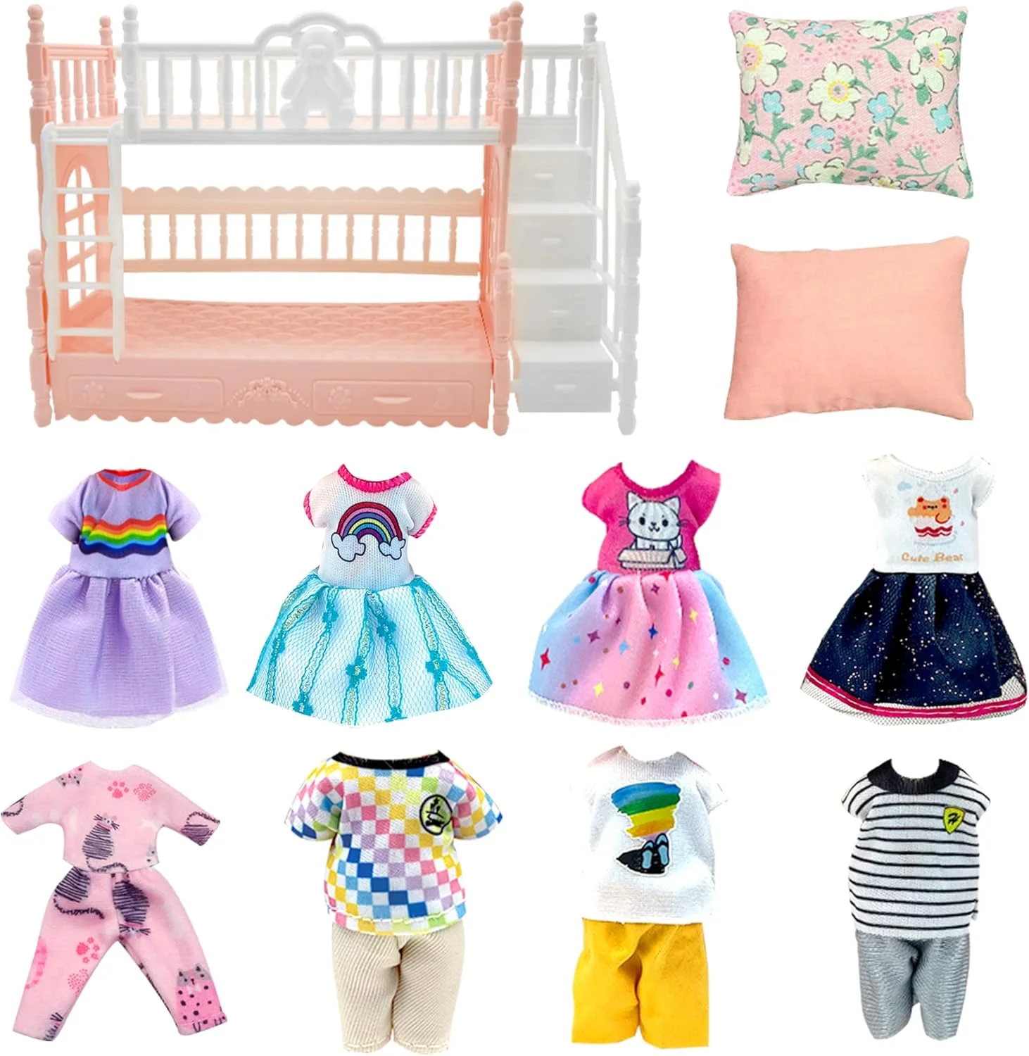لباس و لوازم جانبی عروسک EumbHoa برای عروسک های چلسی، لباس، پیژامه، 6 عدد تصادفی، لوازم کوچک، تخت خواب دو طبقه، هدیه برای نوه دختر