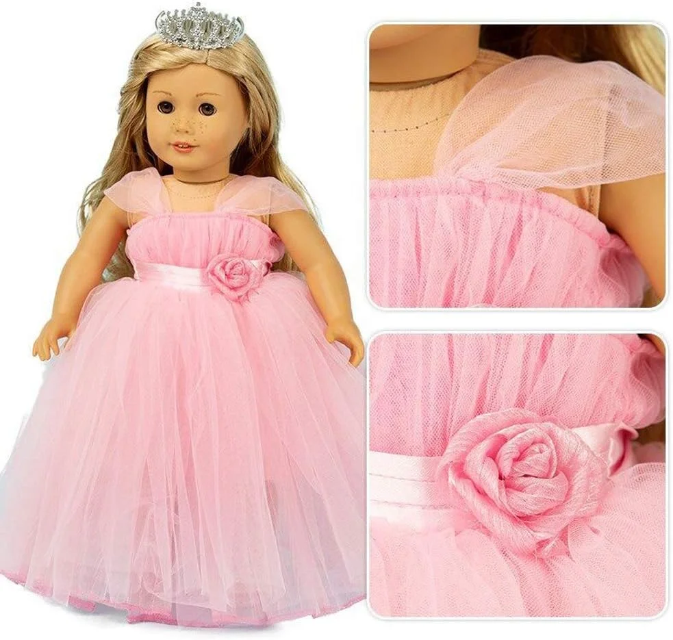 لباس و لوازم جانبی عروسک دخترانه HWD، لباس پرنسس، لباس عروسی، لباس مجلسی برای عروسک های 18 اینچی آمریکایی (صورتی)