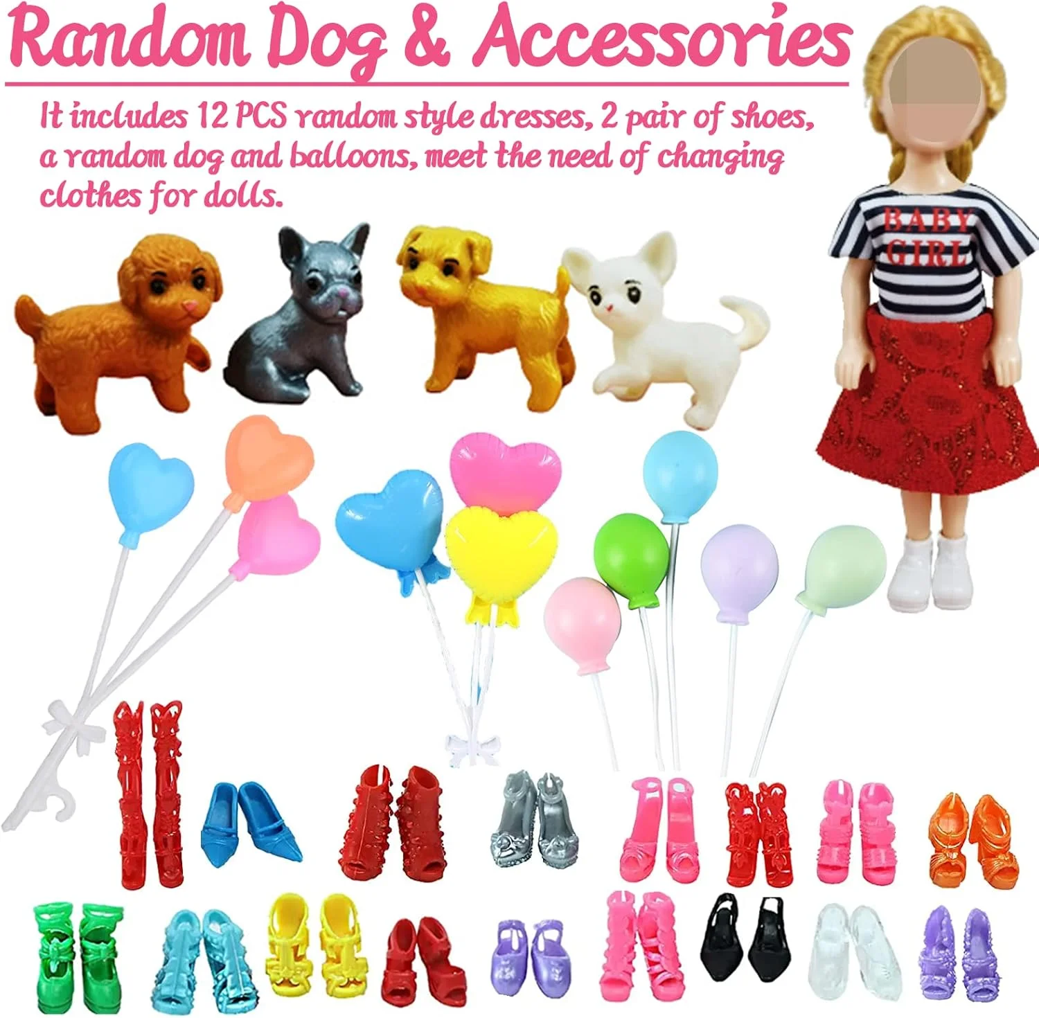 ست لباس 18 تکه WanderGo سازگار با عروسک های چلسی 6 اینچی، لوازم جانبی عروسک شامل 12 عدد لباس با سبک تصادفی، 2 جفت کفش، 1 سگ تصادفی و 3 بادکنک رنگارنگ برای هدیه دخترانه کودکان