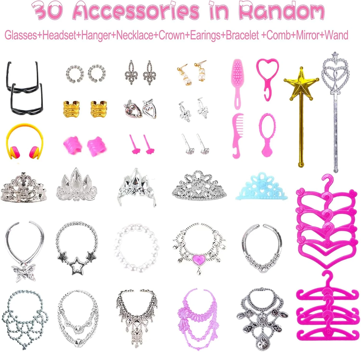 کاروتی 76 تکه لباس و لوازم جانبی عروسک شامل 16 لباس مهمانی، 20 جفت کفش، 10 کیف دستی، 30 لوازم جانبی جواهرات، لباس های مد گردنبند آینه گوشواره تاج آویز برای عروسک 11.5 اینچی